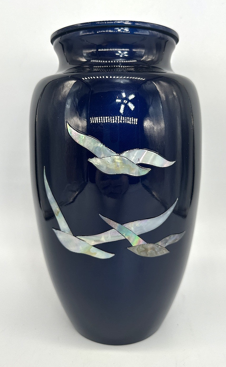 Blue Metal Cremation Urn Mother of Pearl Doves Inlay Adult Funeral Memorial