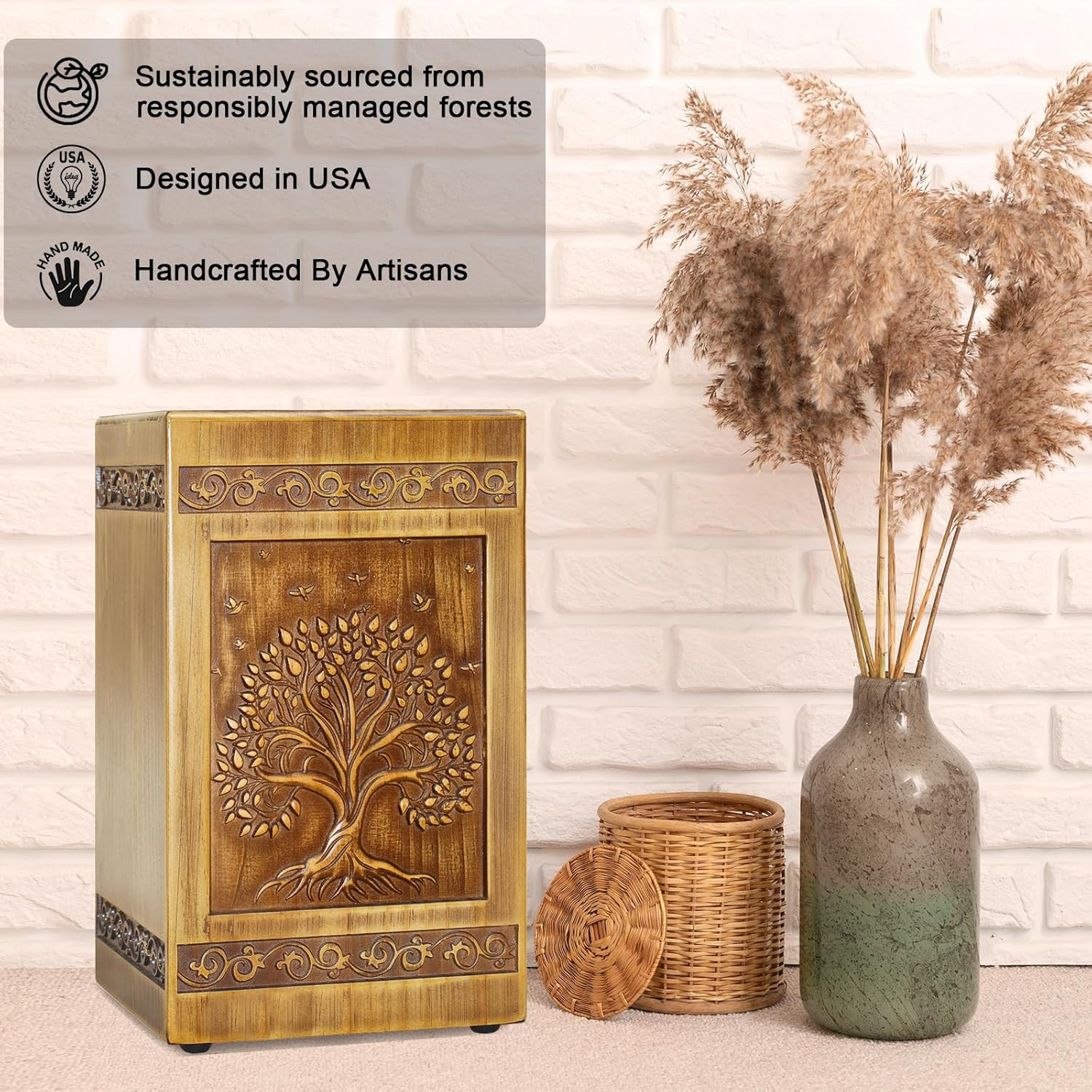 Wood Urn for Ashes for Women Tree of Life Carving Cremation Urns for Human Ashes
