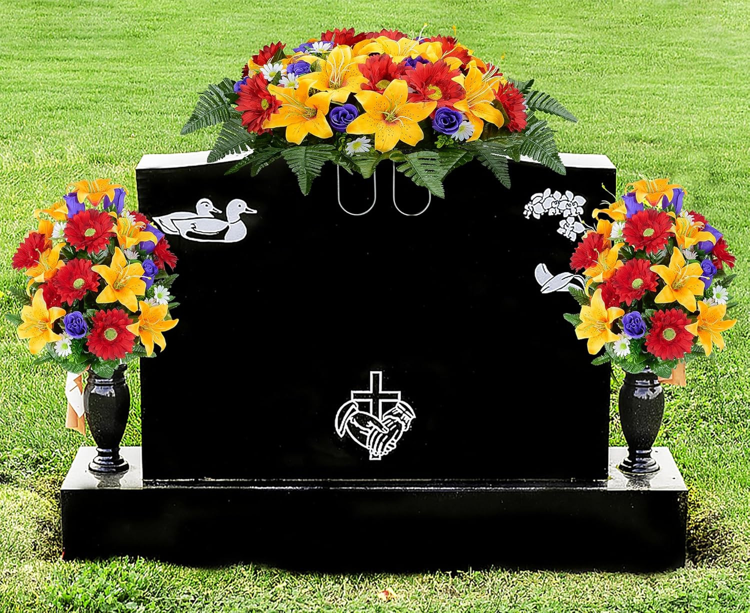 Artificial Cemetery Flower Saddles, Cemetery Memorial Flowers with Vase for Grav