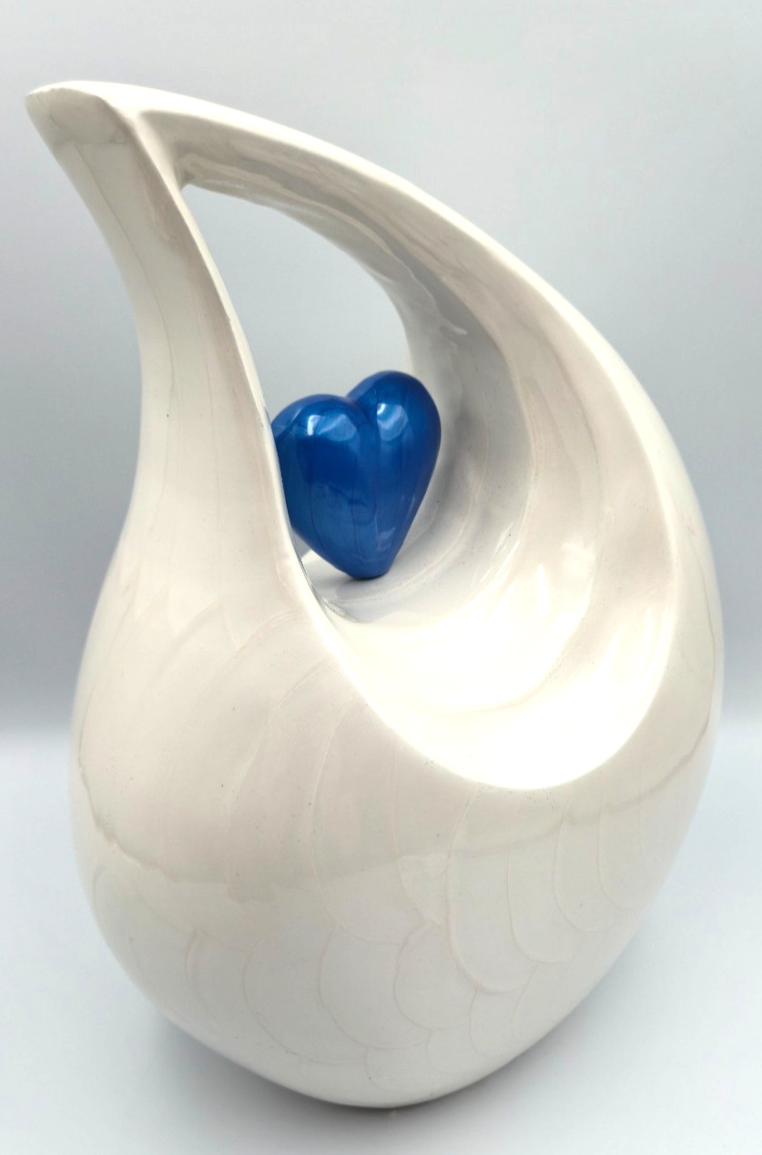 Heart of Love Cremation Urn for Adult Human Ashes, 12in, White With Blue Heart