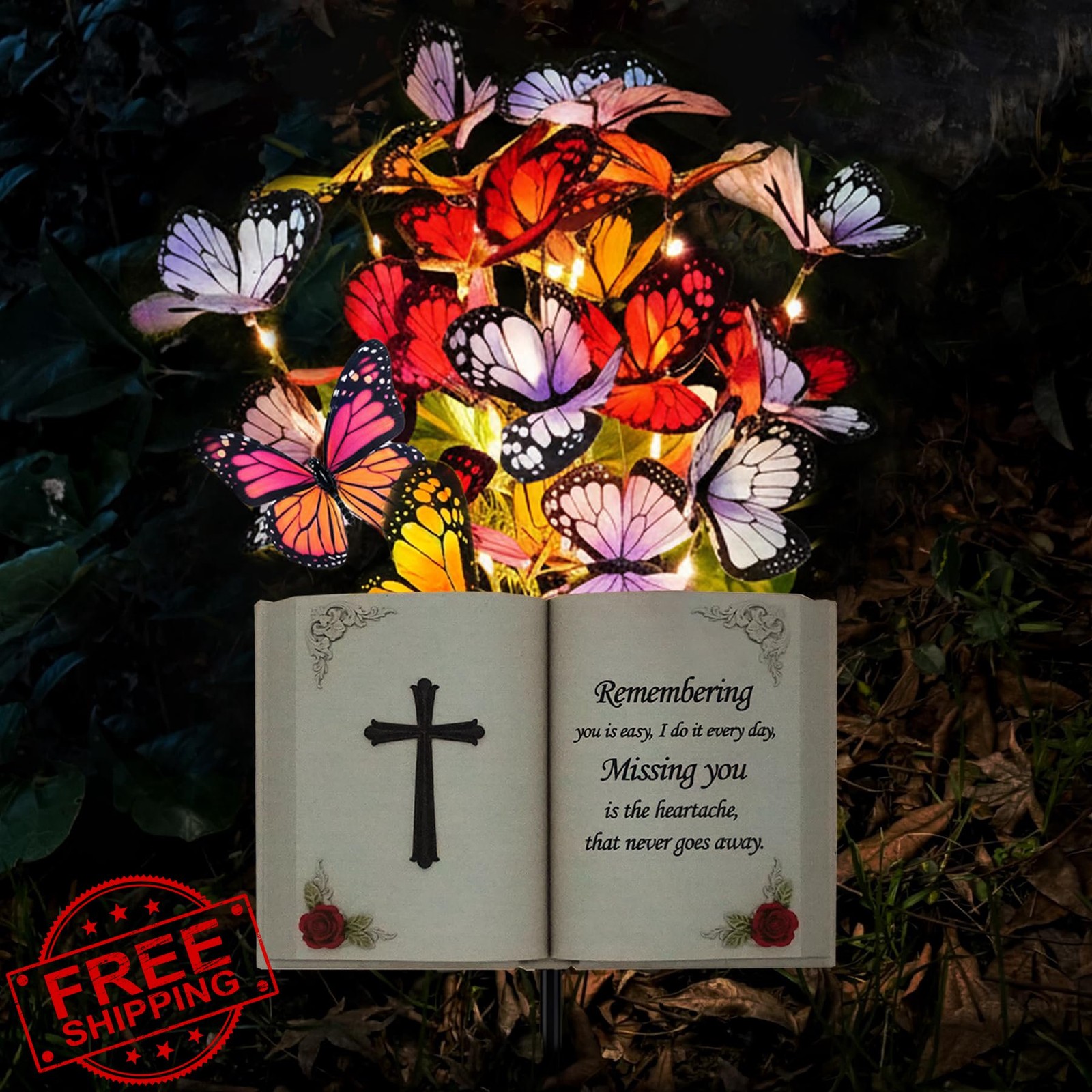 VKEVOC Solar Bible Cross Memorial Stake Grave Cemetery Decor Lights