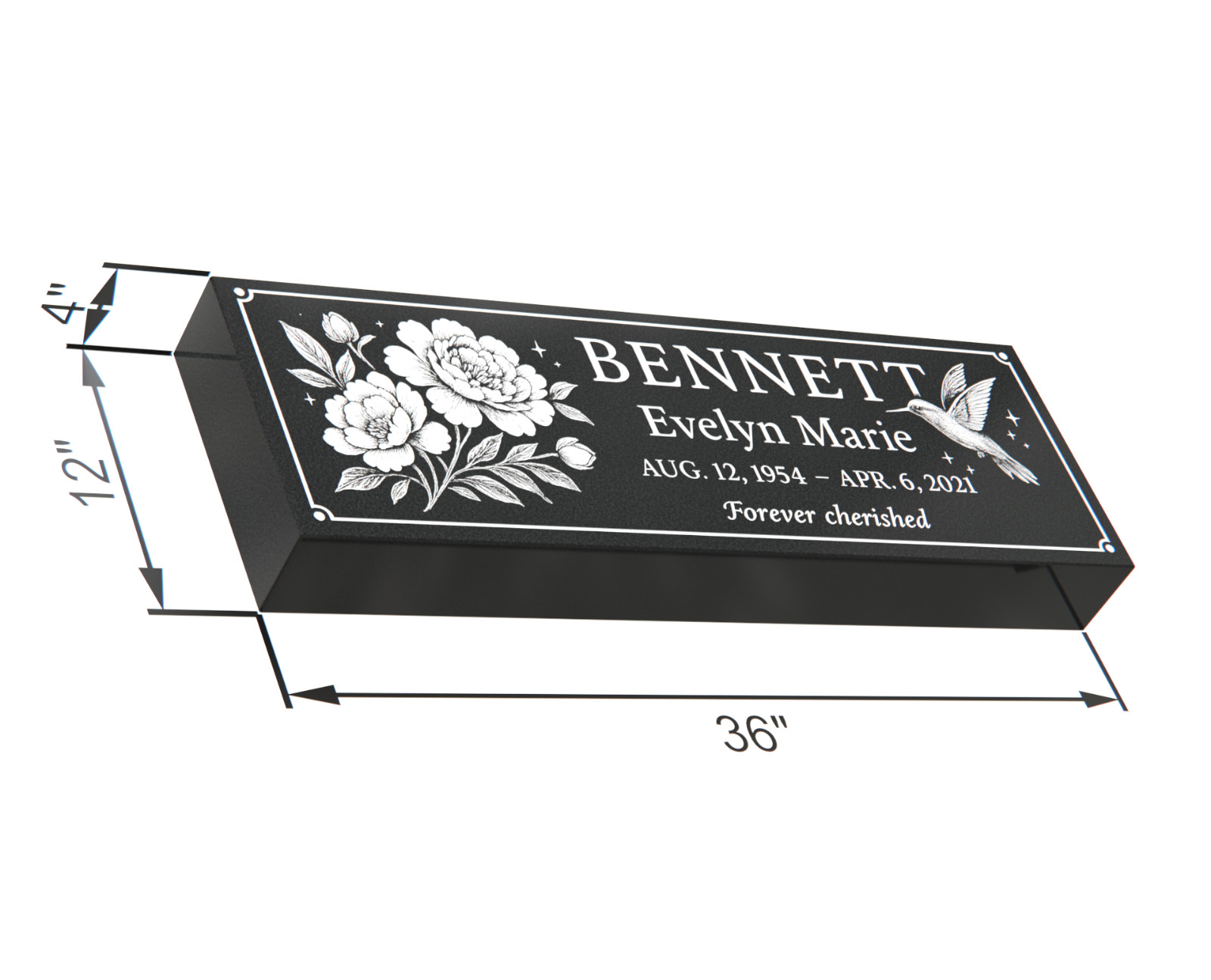 Custom Black Granite Headstone 36x12x4 – Engraved Floral & Dove Design