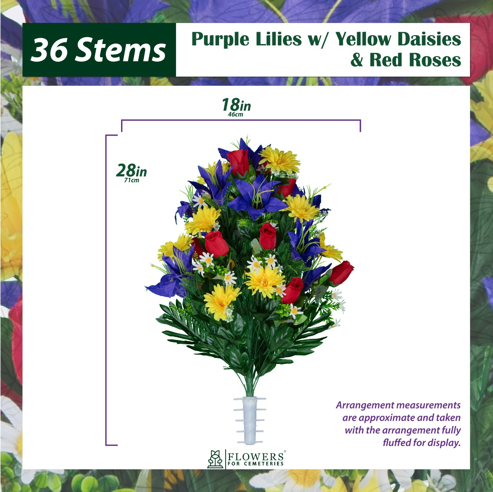 Artificial Cemetery Flowers – Purple Lilies with Yellow Daisies and Red Roses