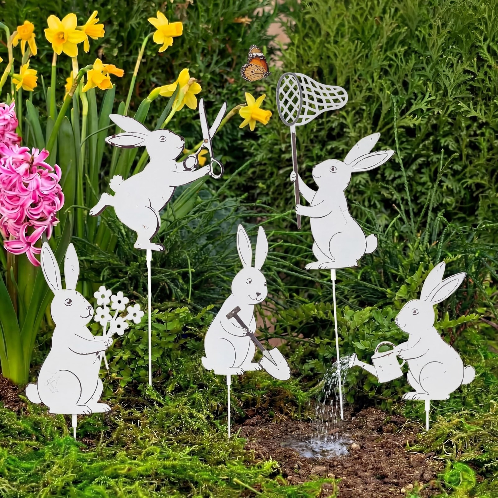 Easter Bunny Garden Stakes 5pcs Metal Yard Decor for Spring Pathway