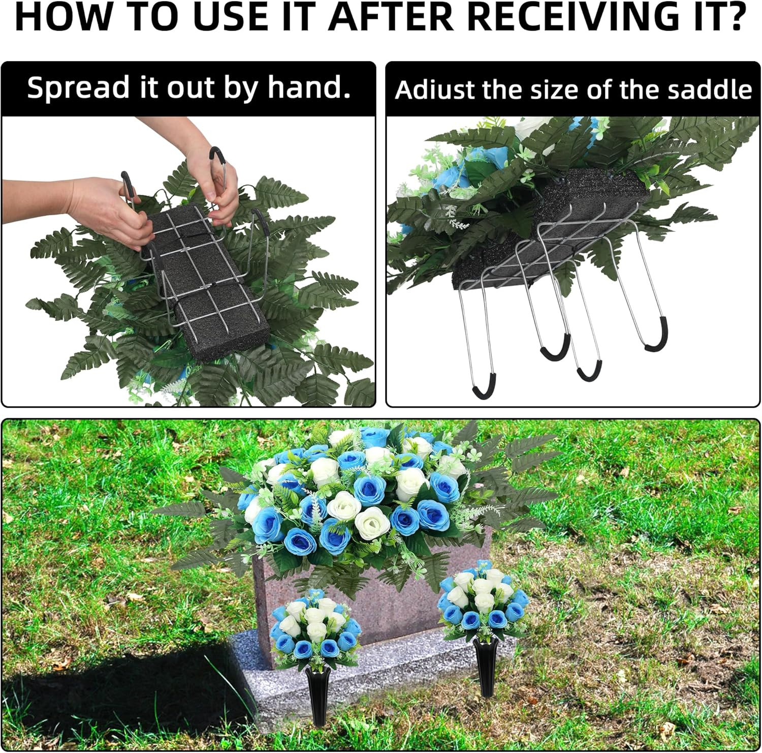 Realistic Large Cemetery Flowers for Grave Memorial – 3Pcs Blue White Set