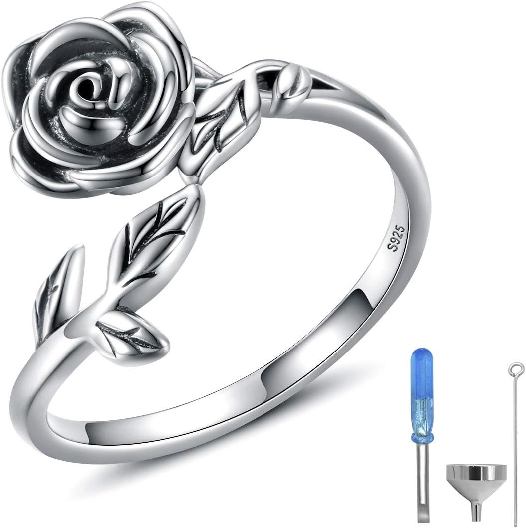 Rose Cremation Urn Ring for Ashes Sterling Silver Keepsake Adjustable Open Ring