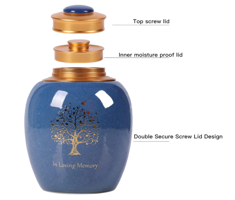 Ceramic Tree of Life Urn for Human Pet Ashes 65 Cu in Keepsake Medium Blue Jar
