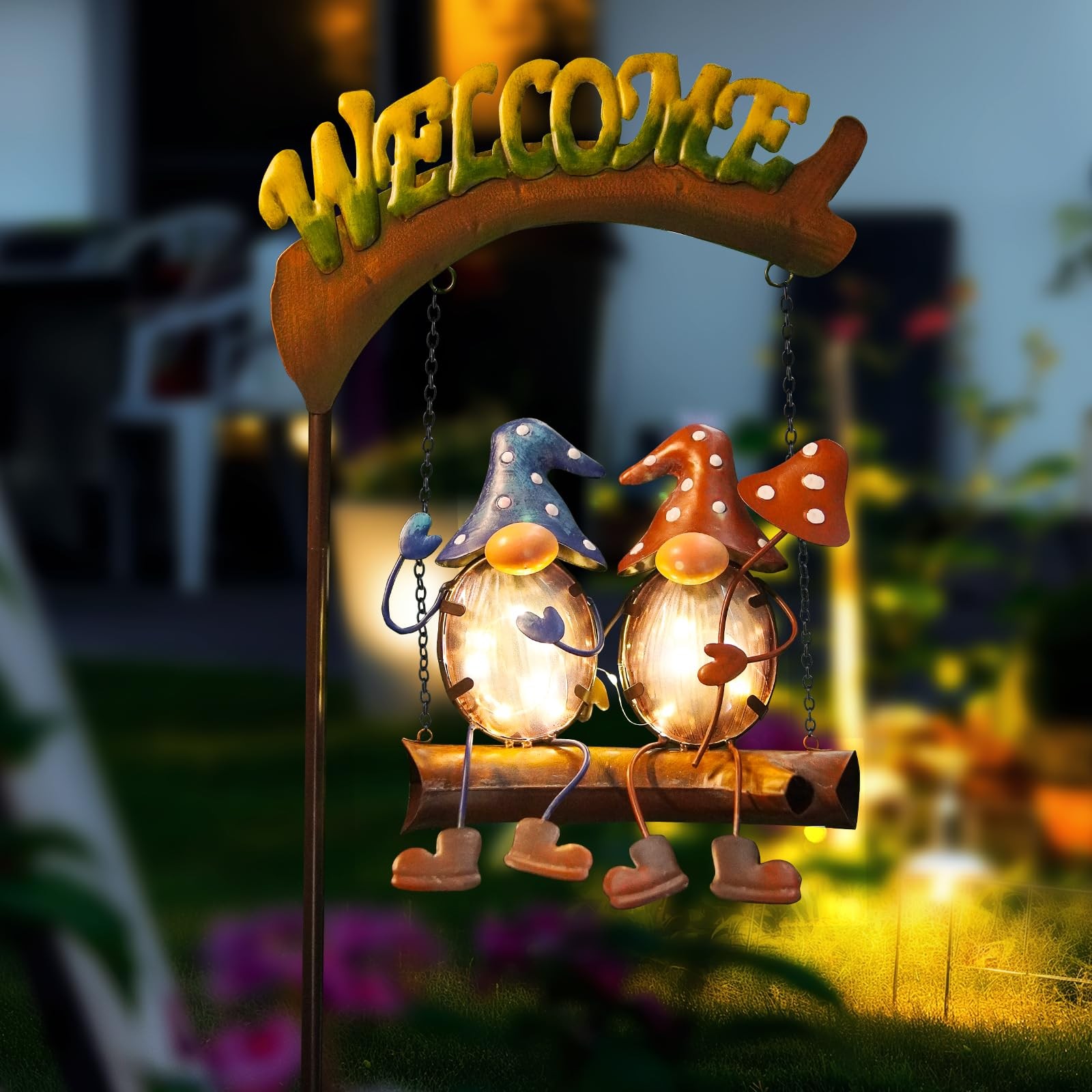 Gnomes Garden Decor Solar Lights, 48 Inch Welcome Sign Swing Yard Decorations…