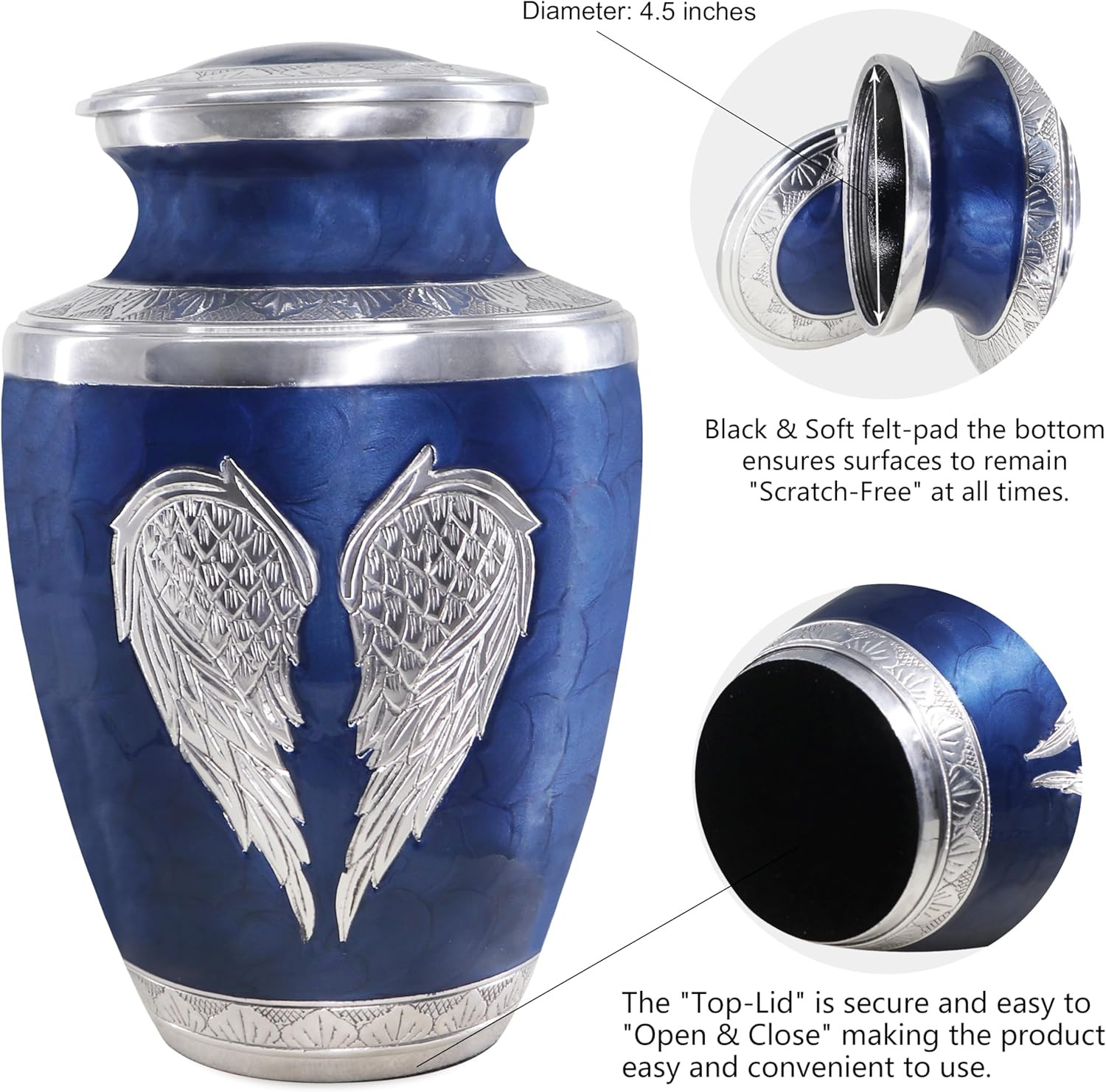 Elegant Silver Angel Wings Urn for Adult Ashes – Dark Blue & Silver Large