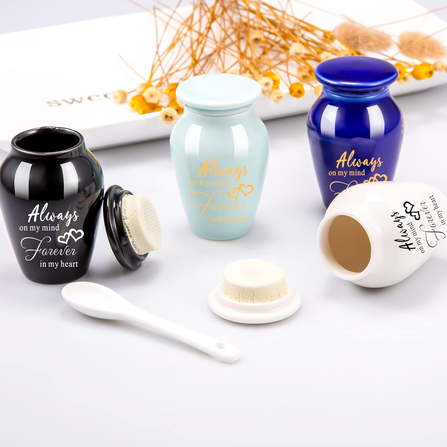 4Pcs Small Ceramic Black Letter Print Cremation Urns – Always on My Mind Forever