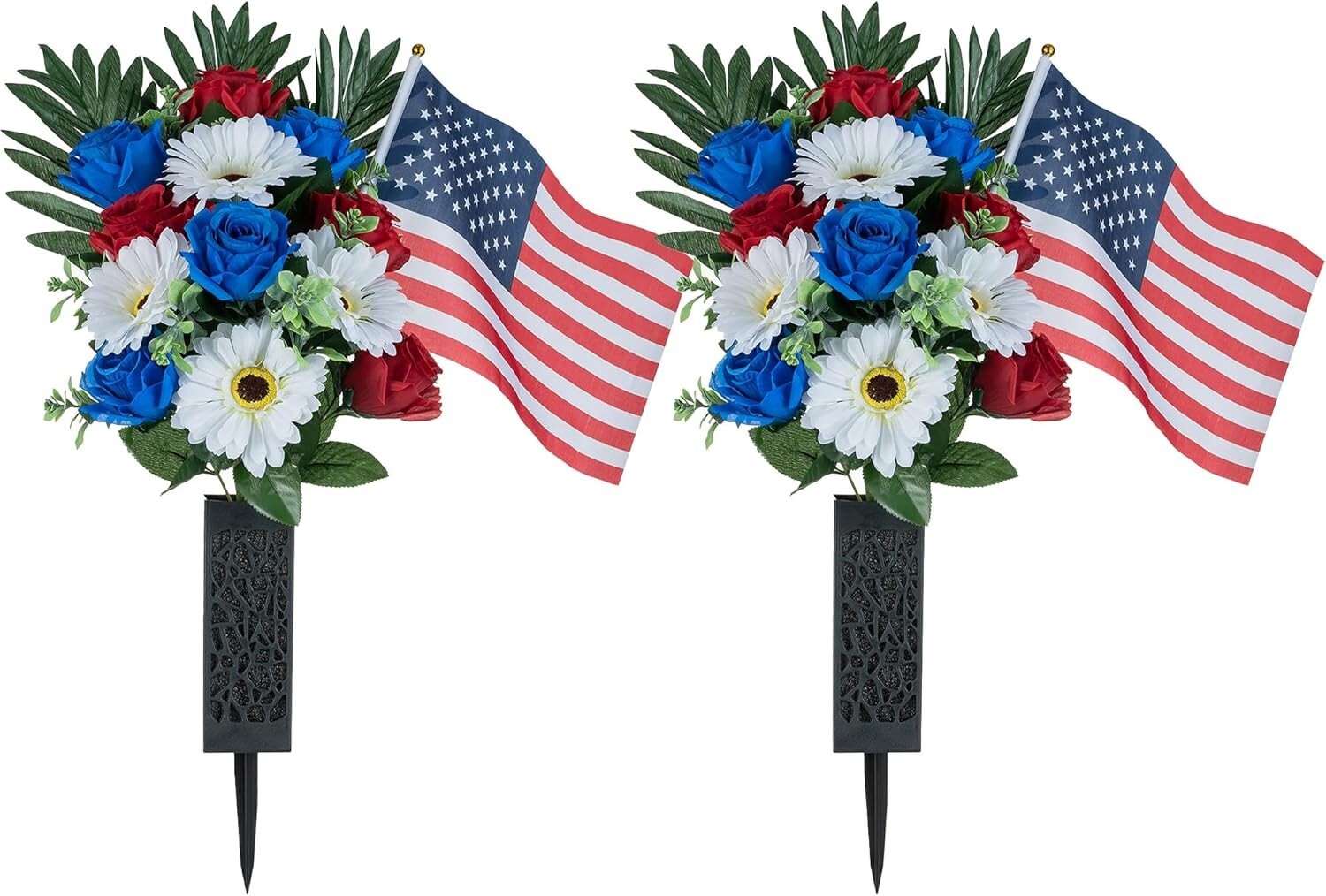 Memorial Day Flowers for Cemetery: 2 Pcs Outdoor Grave Decorations – Artificial