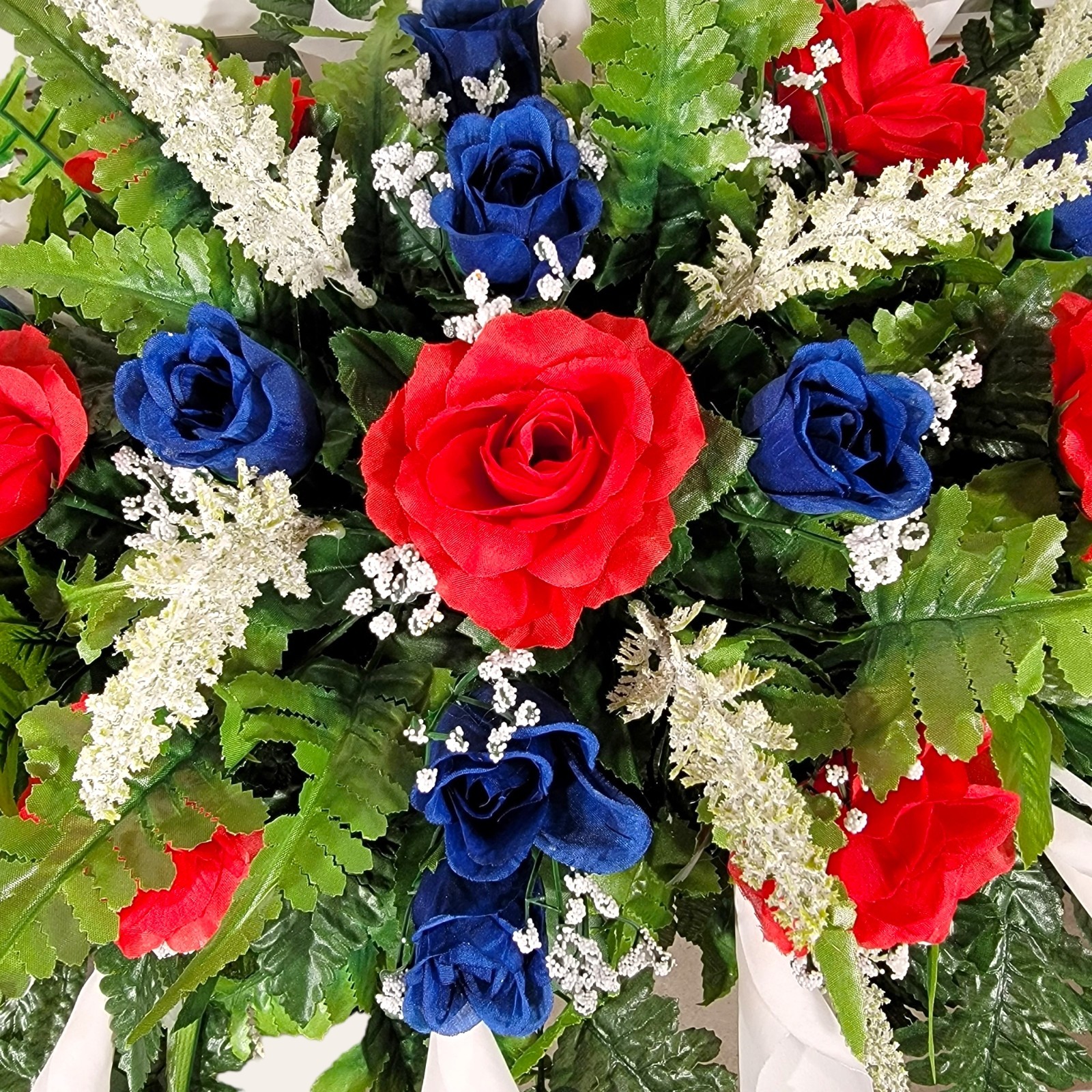 Red & Blue Roses with White Calla Lillies headstone saddle set