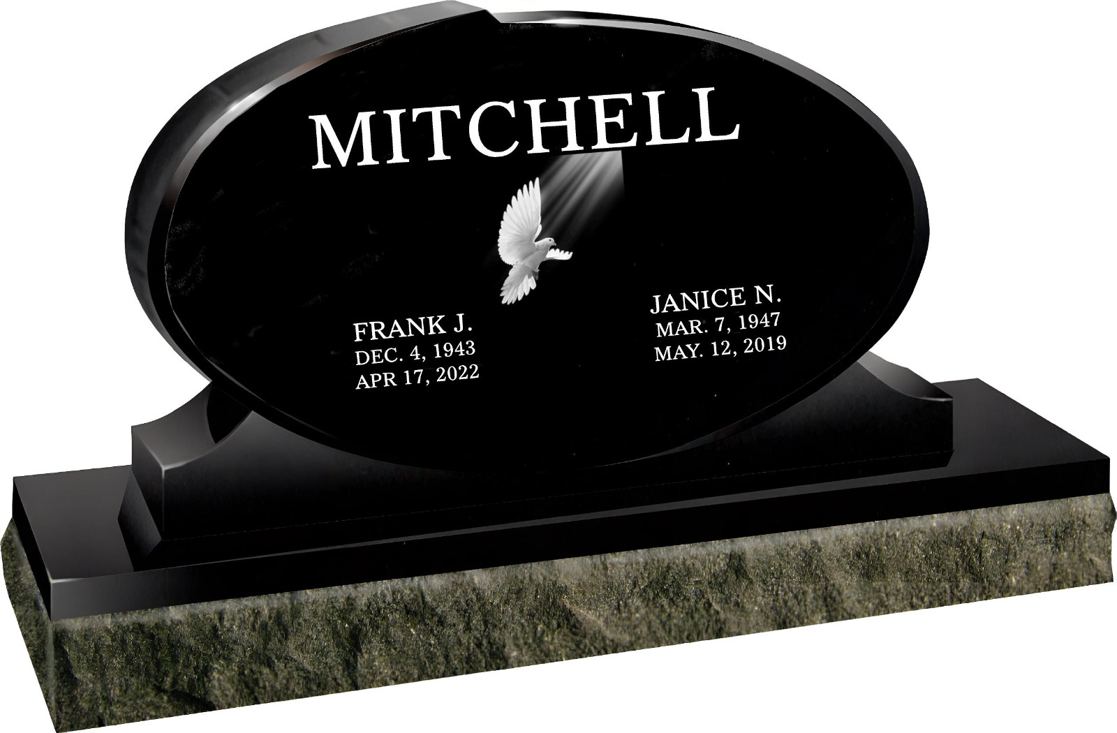 Cemetery headstone – oval – includes engraving- companion 2 names