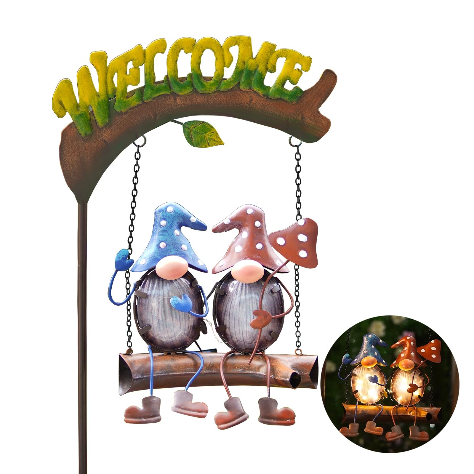 Gnomes Garden Decor Solar Lights, 48 Inch Welcome Sign Swing Yard Decorations…