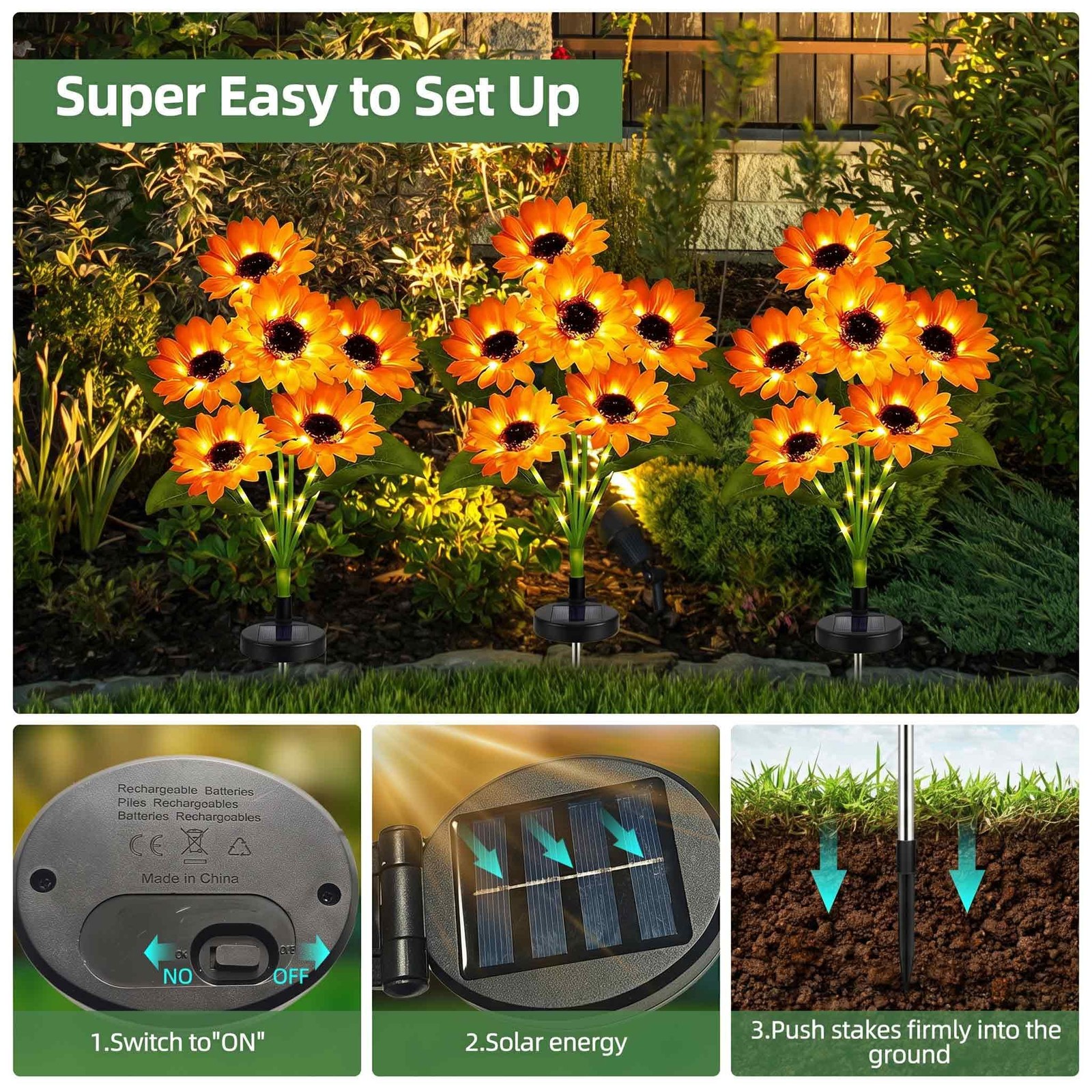Solar Sunflower Lights Outdoor Waterproof Garden Yard Decor, 2 Pack with 12 L…