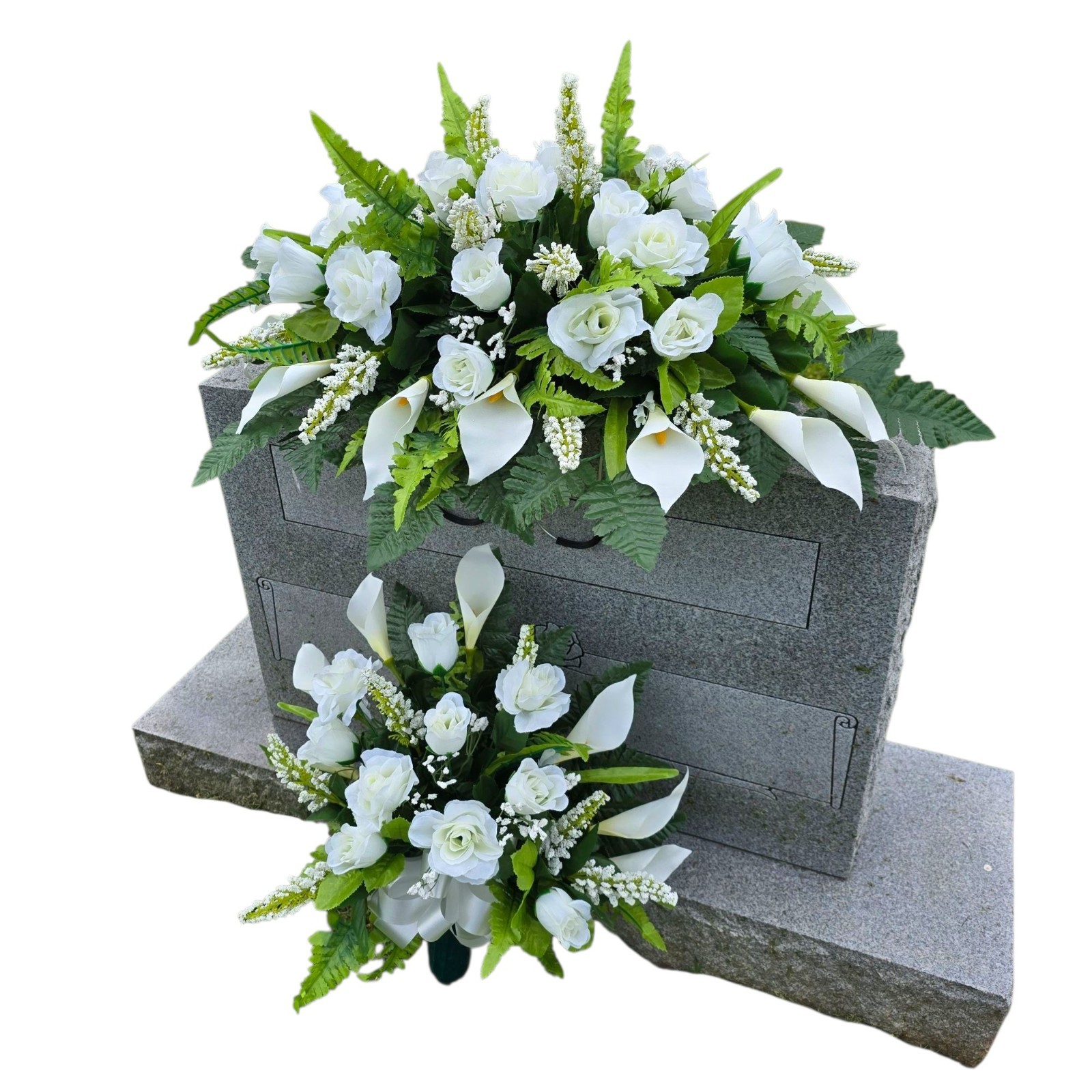 Cream Calla Lily and Rose Headstone Saddle and Cemetery Cone