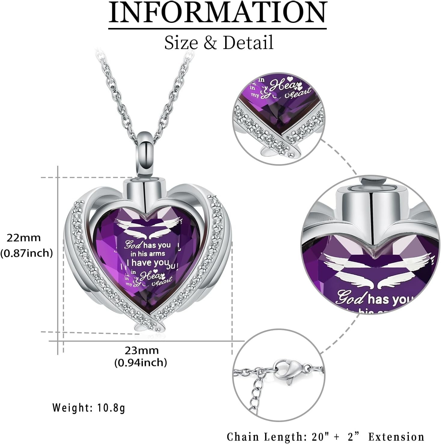 Elegant Angel Wing Heart Urn Necklace for Ashes – Personalized Keepsake Jewelry