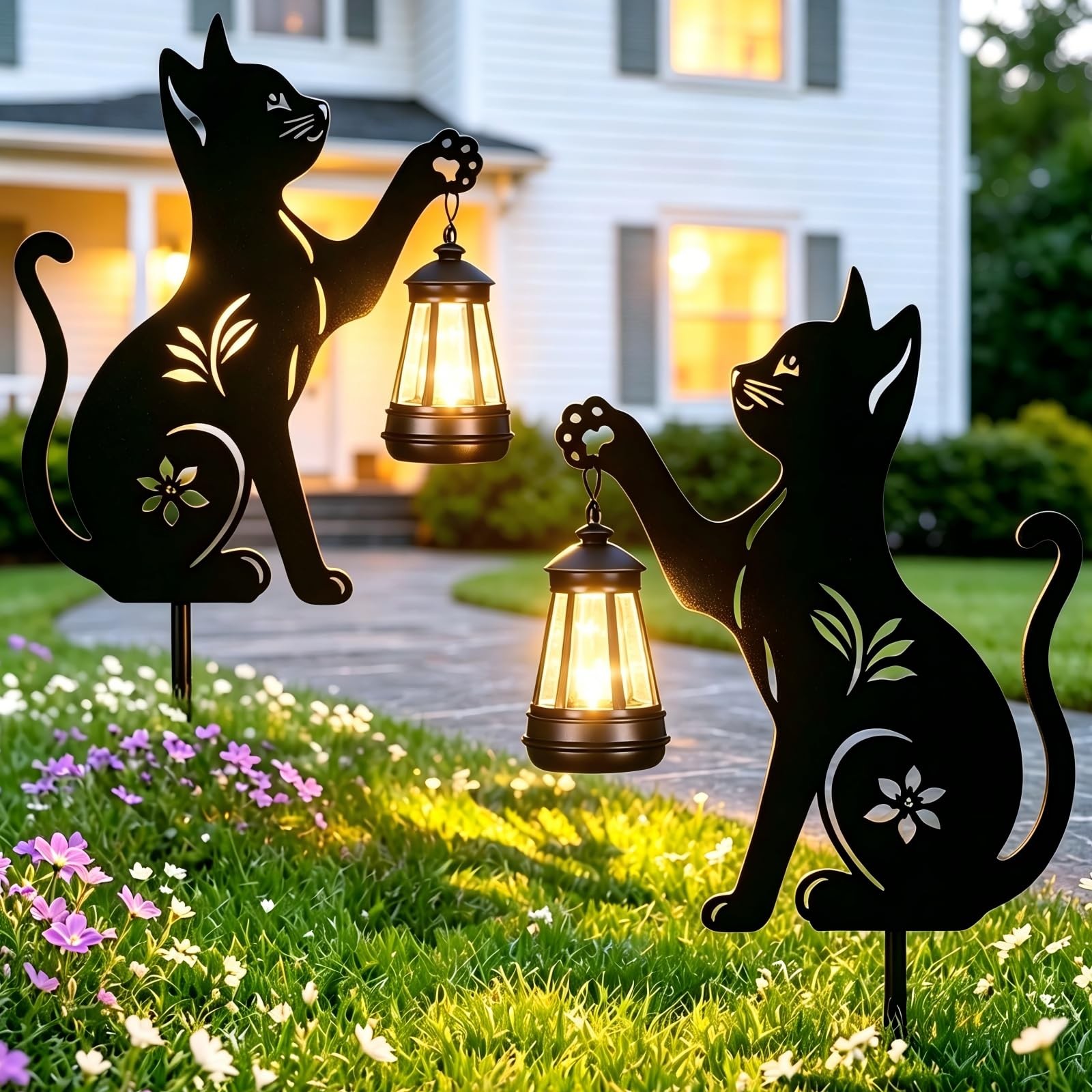 Solar Cat Lanterns Outdoor 2 Pack Hanging Decor for Garden, Patio, Gifts