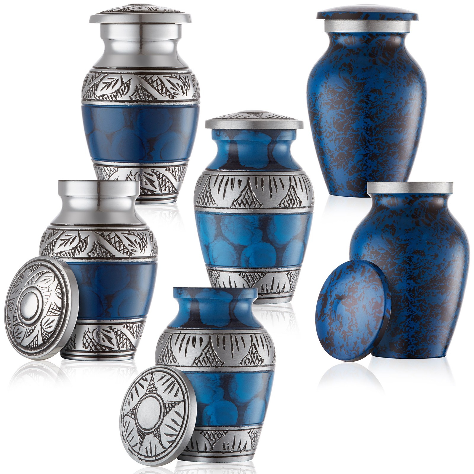 Small Keepsake Cremation Urns for Human Ashes, Set of 6 Blue and Silver w Case