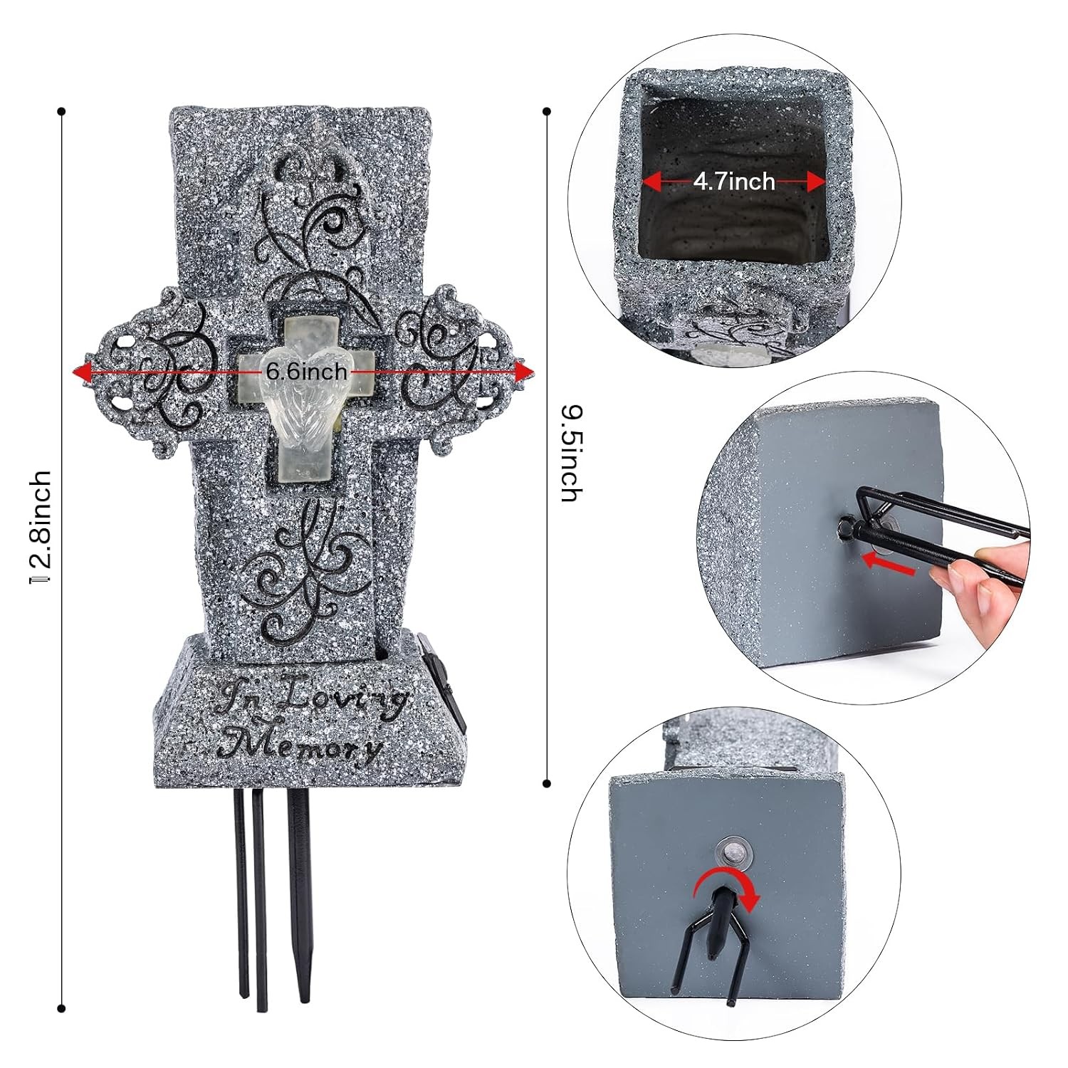 Solar Powered Cemetery Vase with LED for Artificial Flowers Grave Marker Cross