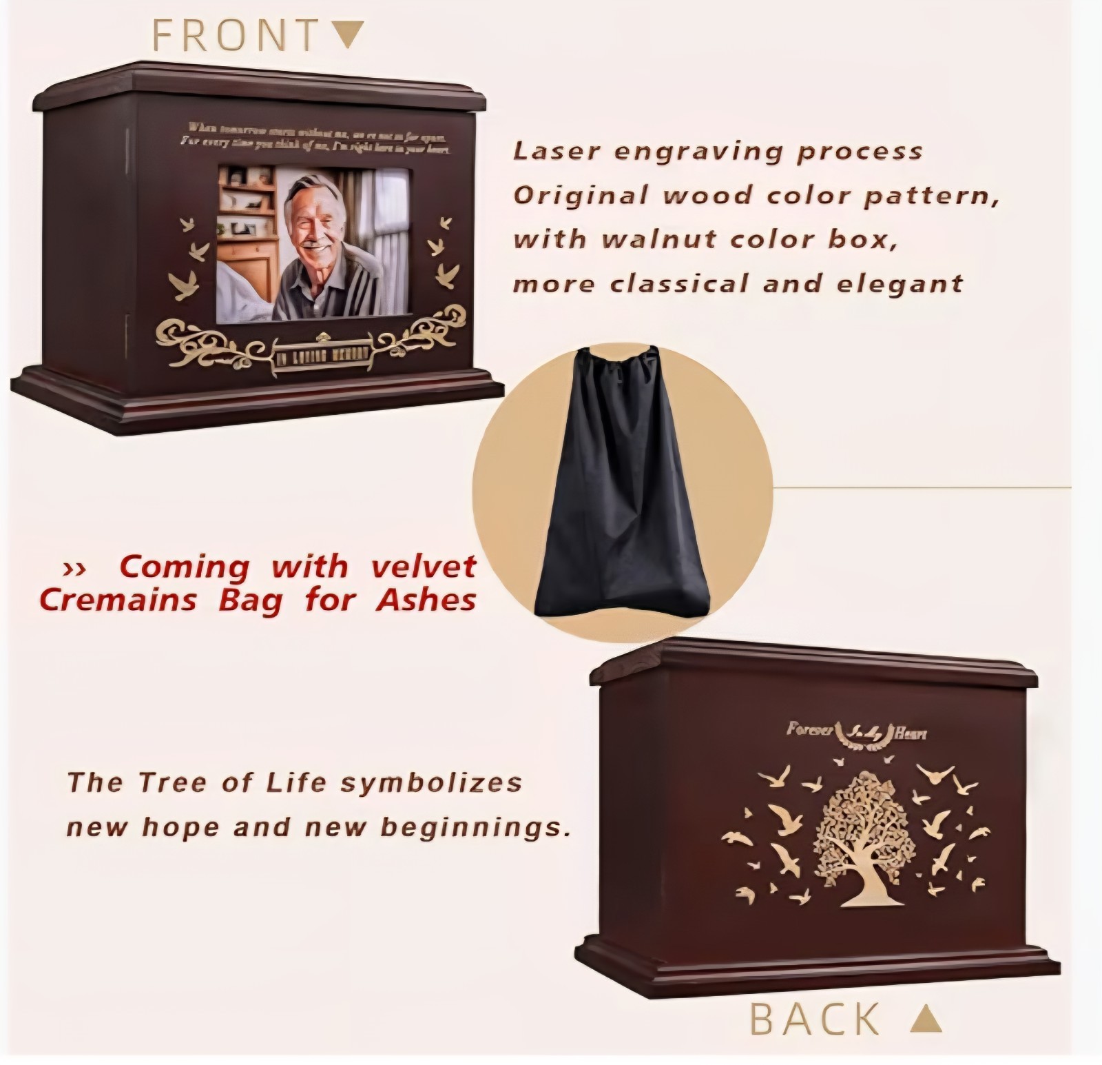 NEW Premium Wood 260lb Vault Urn/4×6 Front Photo Door/Velvet Bag/ Adults & Pets
