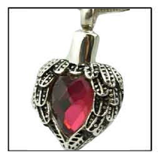 Red Stone in Heart Sterling Silver Funeral Cremation Urn Pendant w/Chain