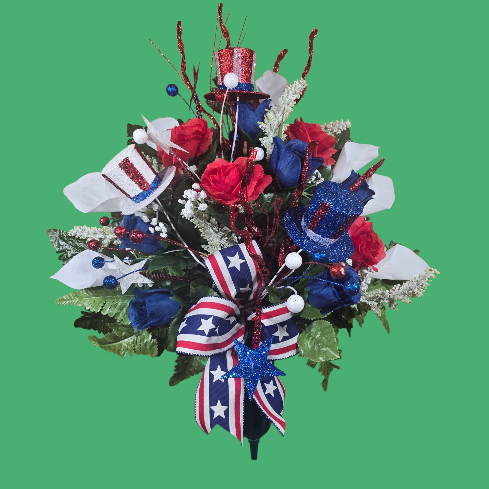 PATRIOTIC CEMETERY VASE MEMORIAL DECORATION WITH RED, WHITE, AND BLUE DECORATION