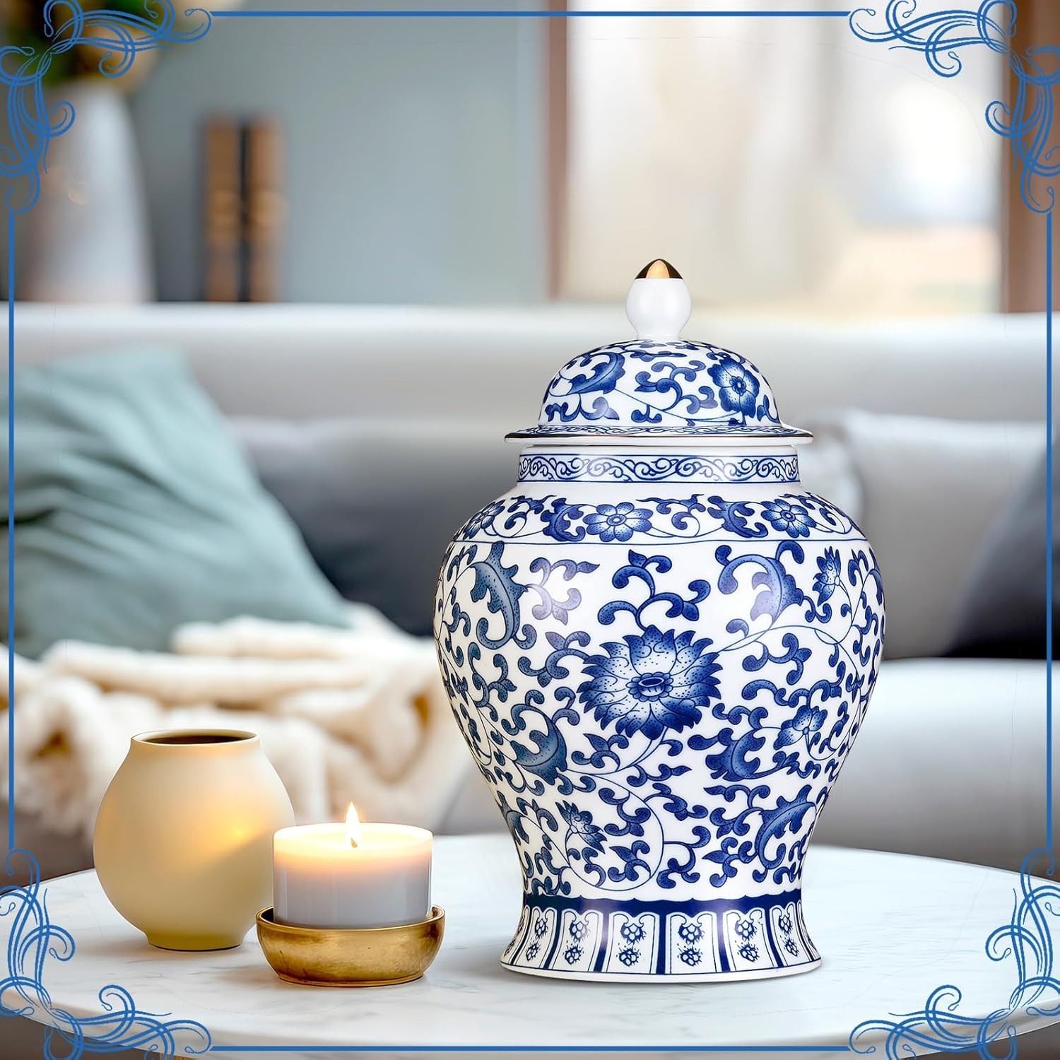 Small Blue Ceramic Cremation Urn for Adult Ashes Exotic Blue and White Porcelain