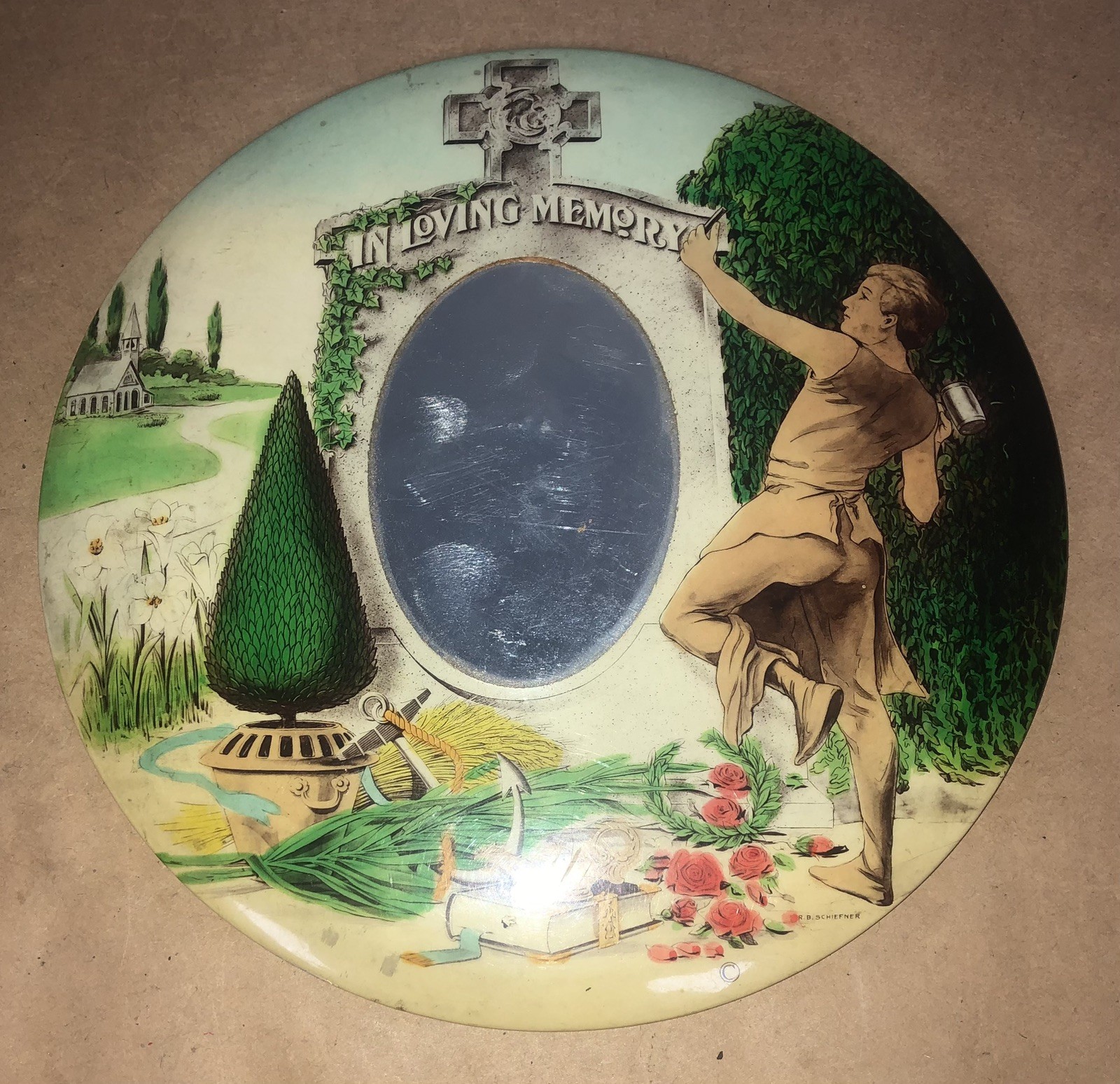 Antique Mourning Memorial Frame Plaque Celluloid Vintage F.B. Schiefner 9″