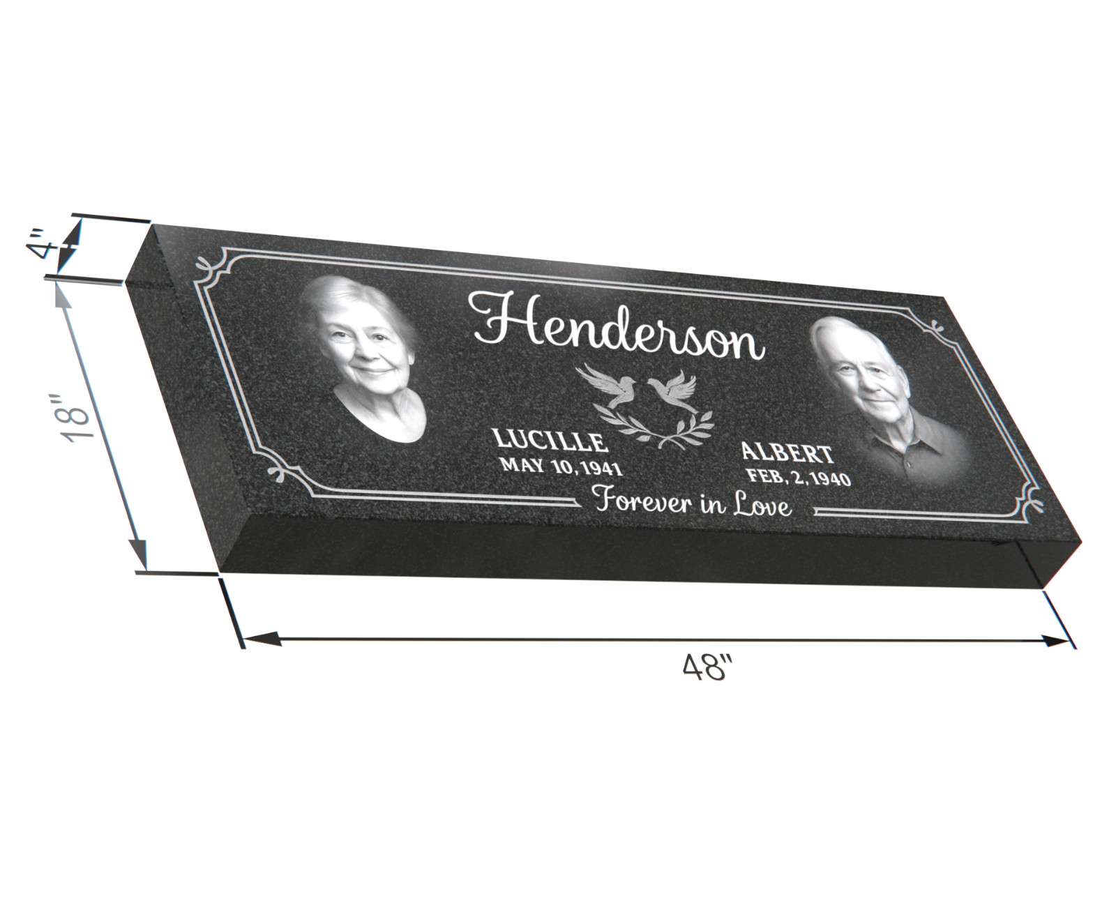 Custom Black Granite Headstone 48x18x4 – Companion Memorial with Doves