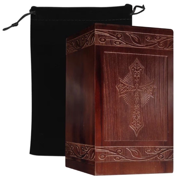 Wooden Box Cremation Urn Carved Cross for Ashes & Bag, Holds 222 cubic inch