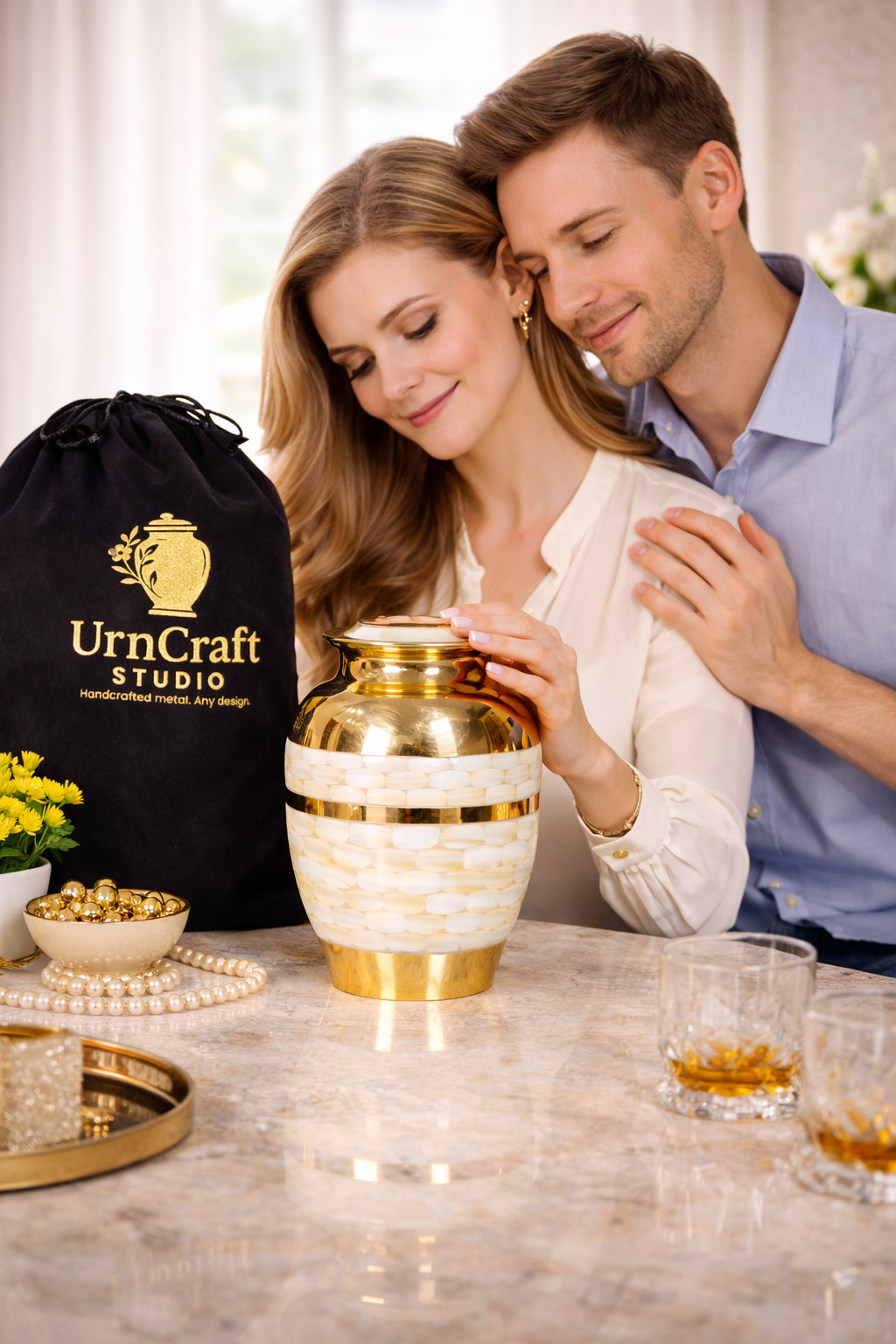 Mother of Pearl Cremation Urn – Brass Seashell Inlay with Velvet Bag