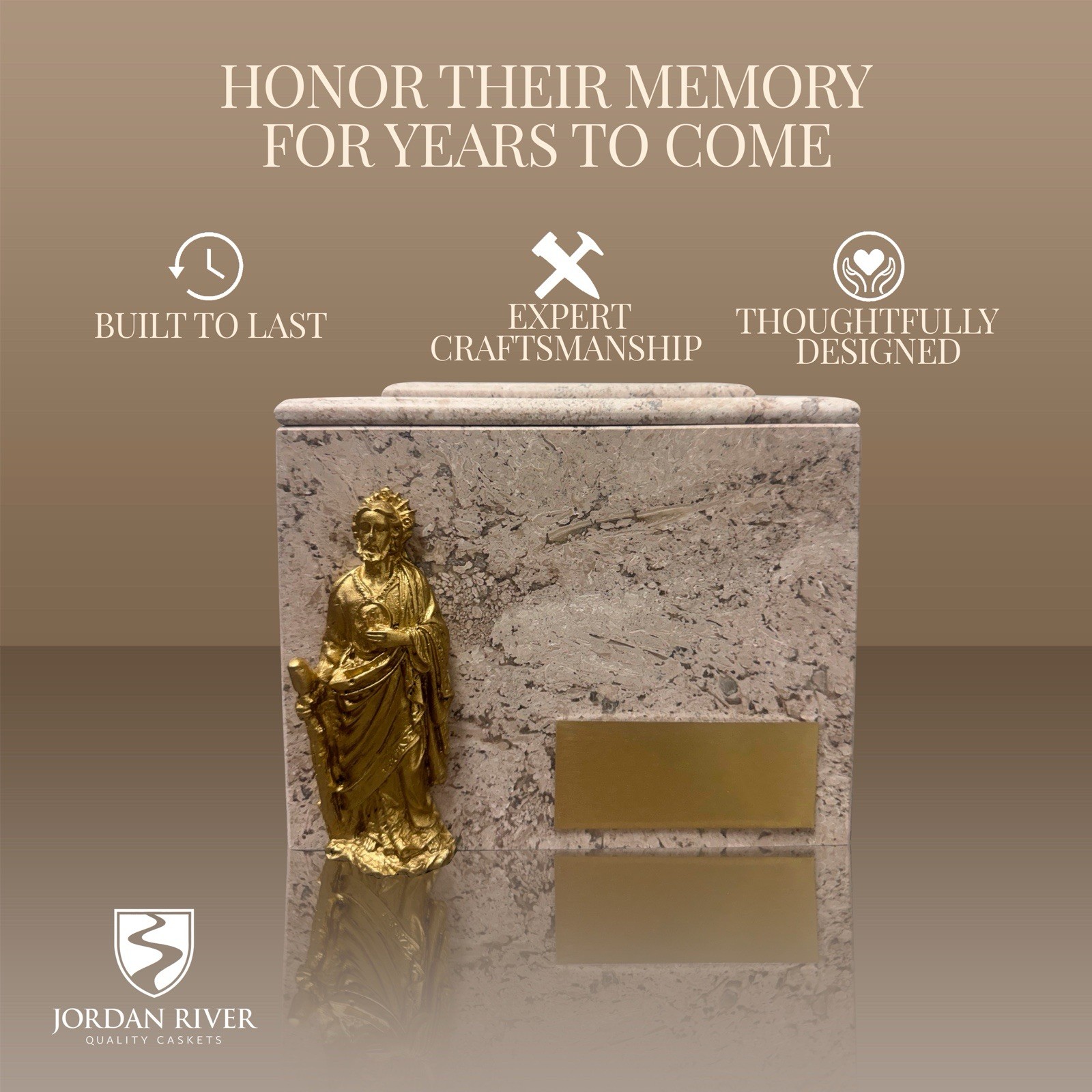 Elegant Marble Urn With Golden Saint Figure. Memorial Cremation Urn For Ashes