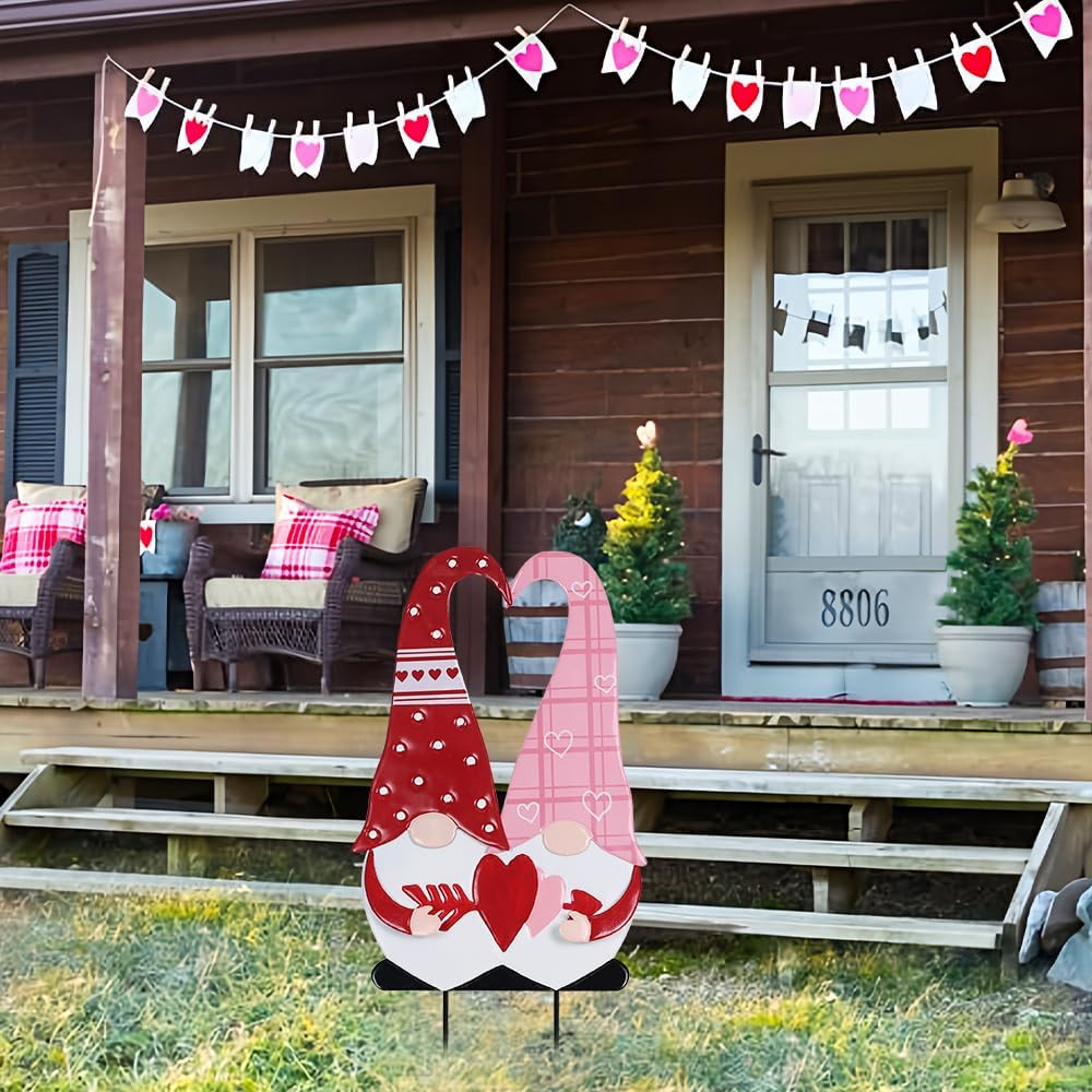 Valentines Day Decorations Outdoor, Red Pink Gnomes Decorative Garden Stakes wit