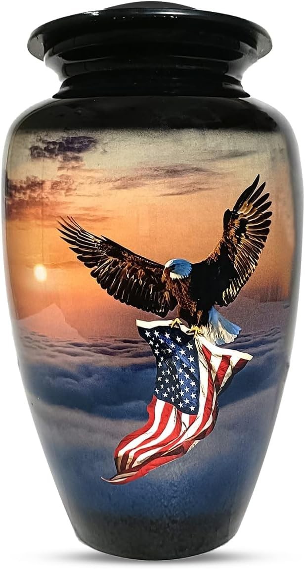 Elegant Large Metal Cremation Urn with American Flag Design – Holds 200 lbs