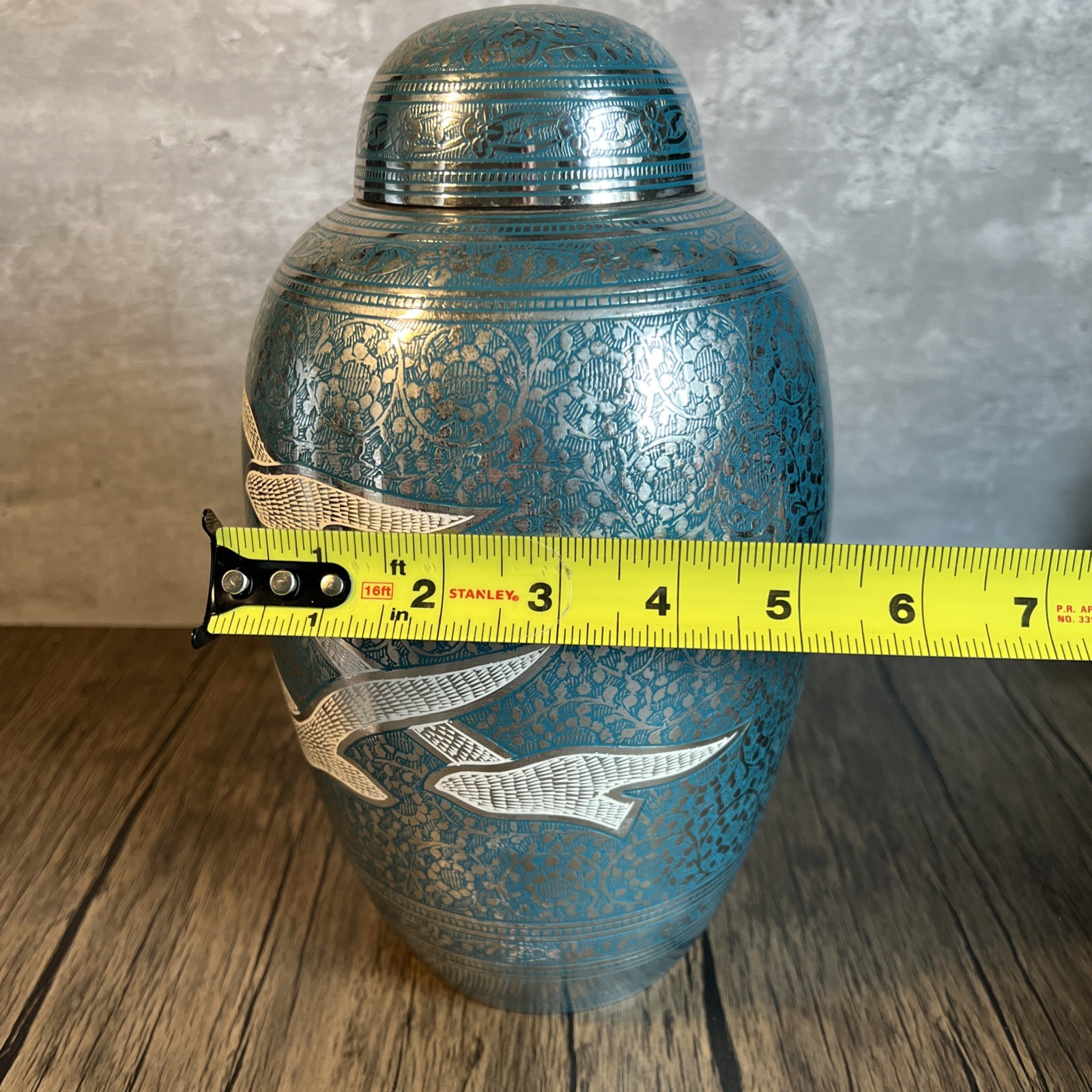 Adult Size URN, High quality Solid Brass Silver with Turquoise etched and Birds
