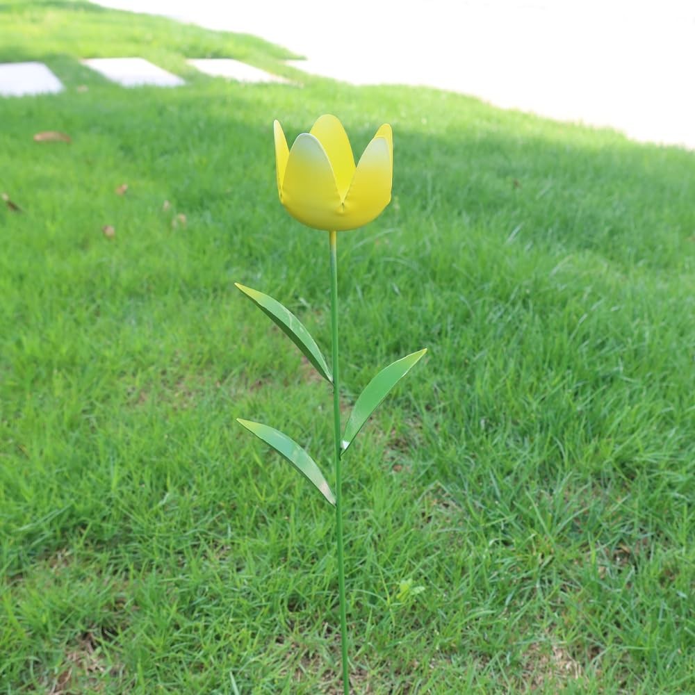 Metal Flowers for Outside,3 Pack 16” Decorative Garden Stakes Colorful Tulip…