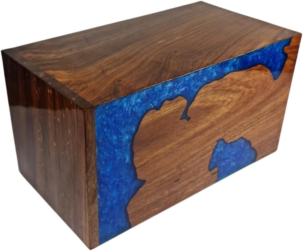 Handmade Rosewood & Resin Carved Wooden Urn for Human Ashes 250cu” Adult – Blue