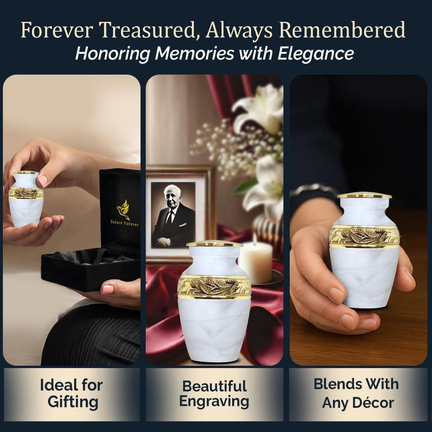 Small Urns for Human Ashes Keepsake – Handcrafted White Memorial Urn with Brass