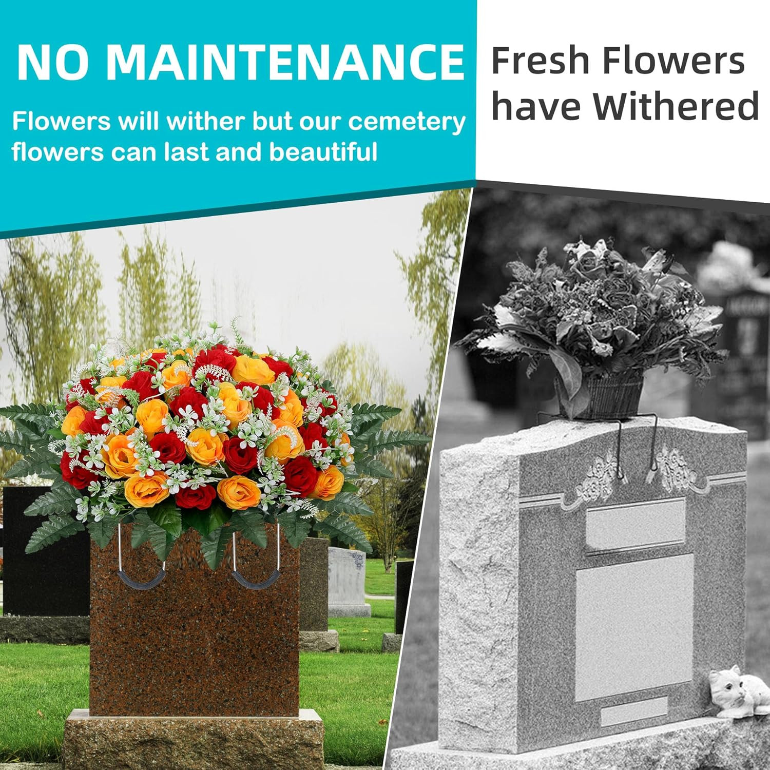 Headstone Flower Saddle,Large Artificial Cemetery Flowers for Grave,Cemetery Mem