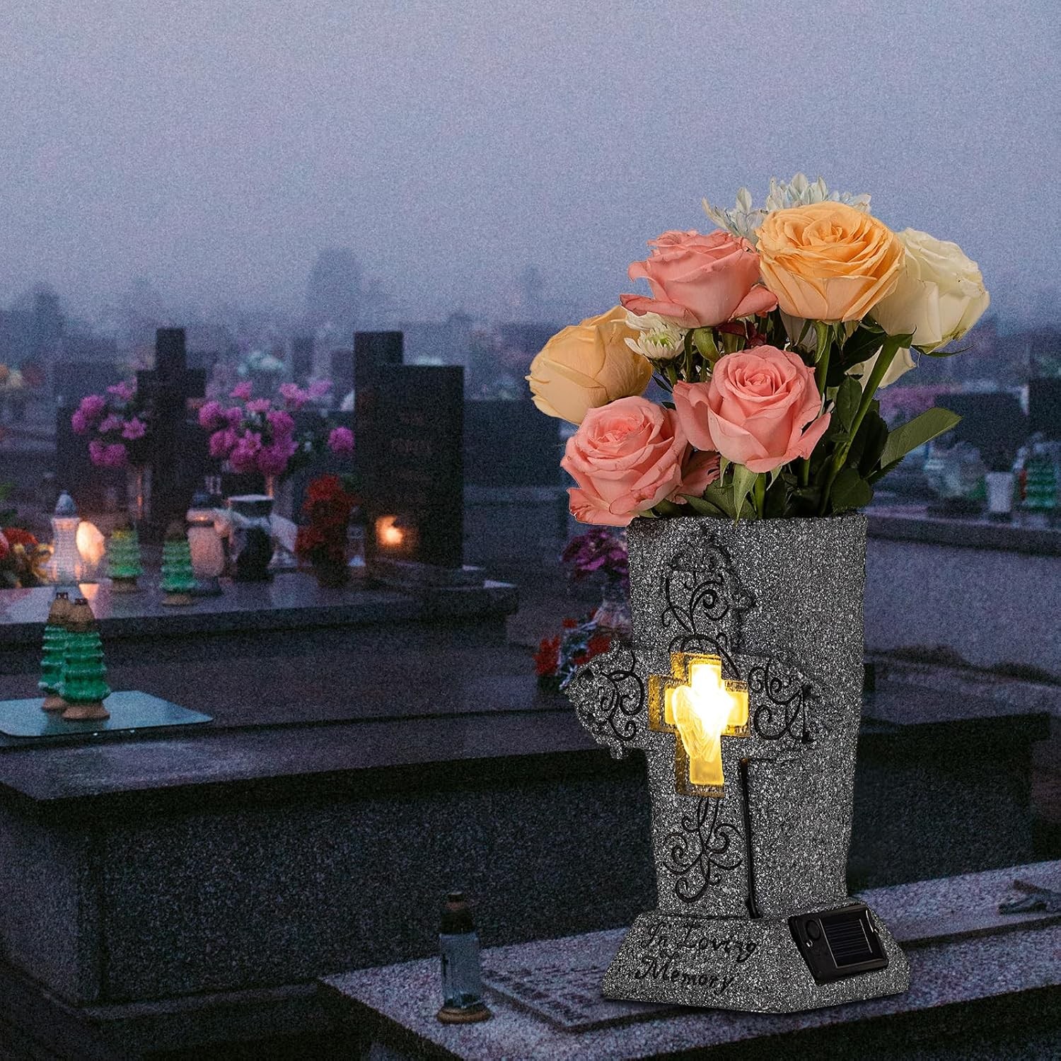 Solar Powered Cemetery Vase with LED for Artificial Flowers Grave Marker Cross