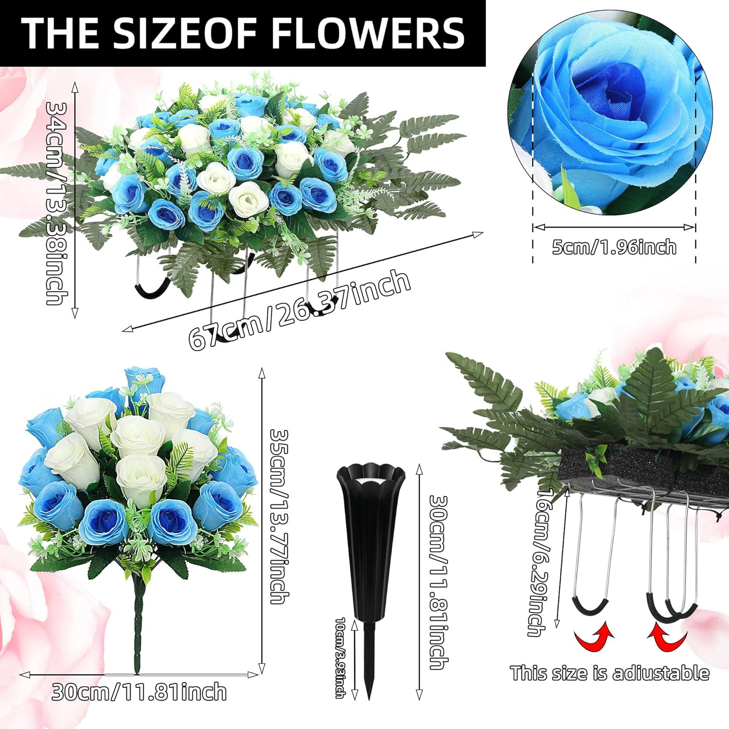 Realistic Large Cemetery Flowers for Grave Memorial – 3Pcs Blue White Set