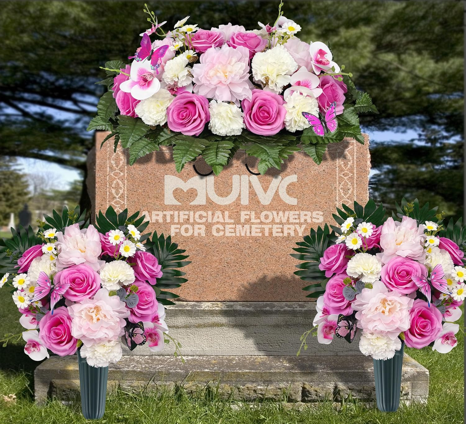Silk Cemetery Flowers for Graveside Decor – Long-Lasting Pink/White Arrangement