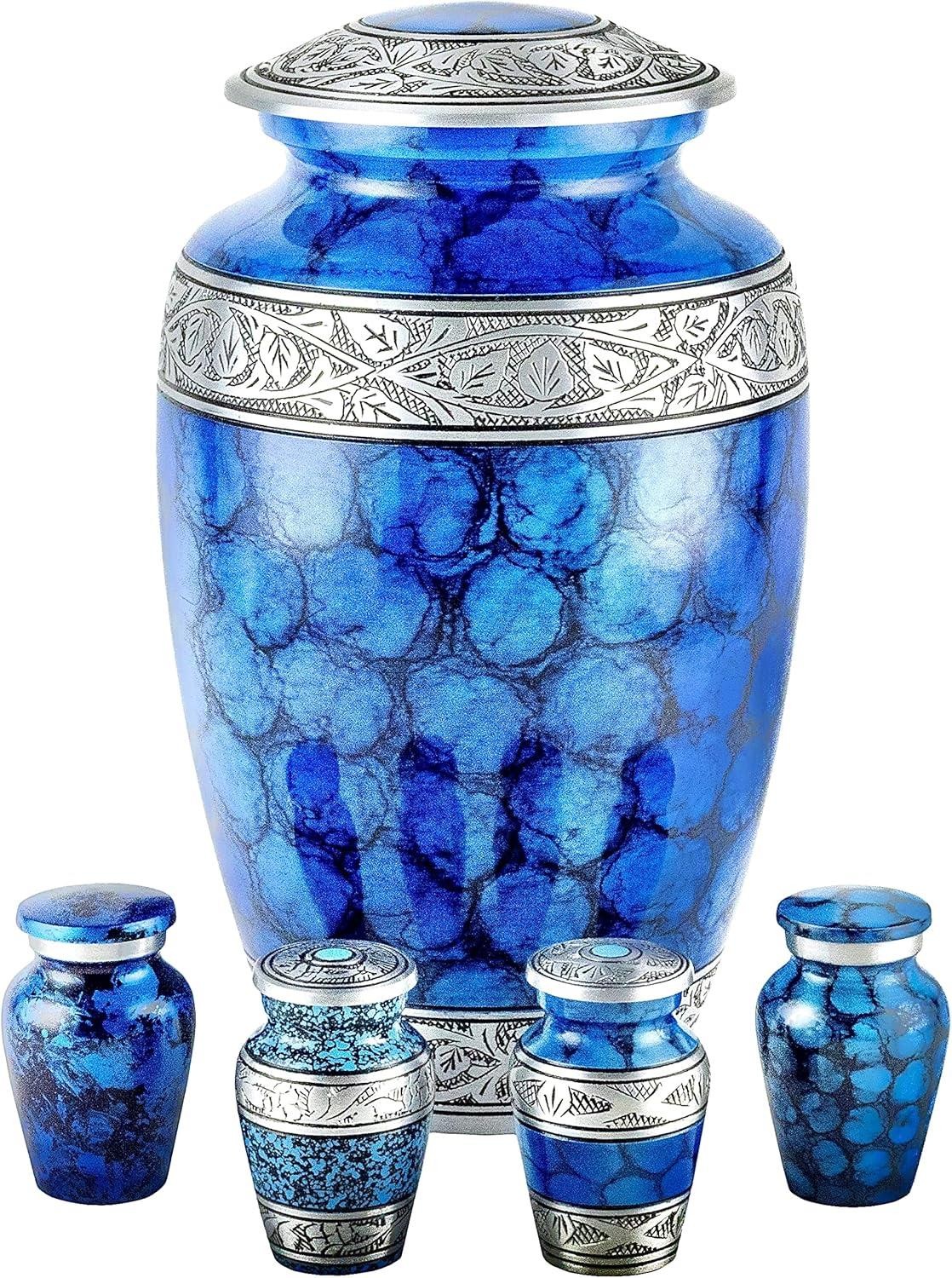 Cremation Urns Set- Large Adult Urn + 4 Small Urns with Satin Lined Keepsake Box