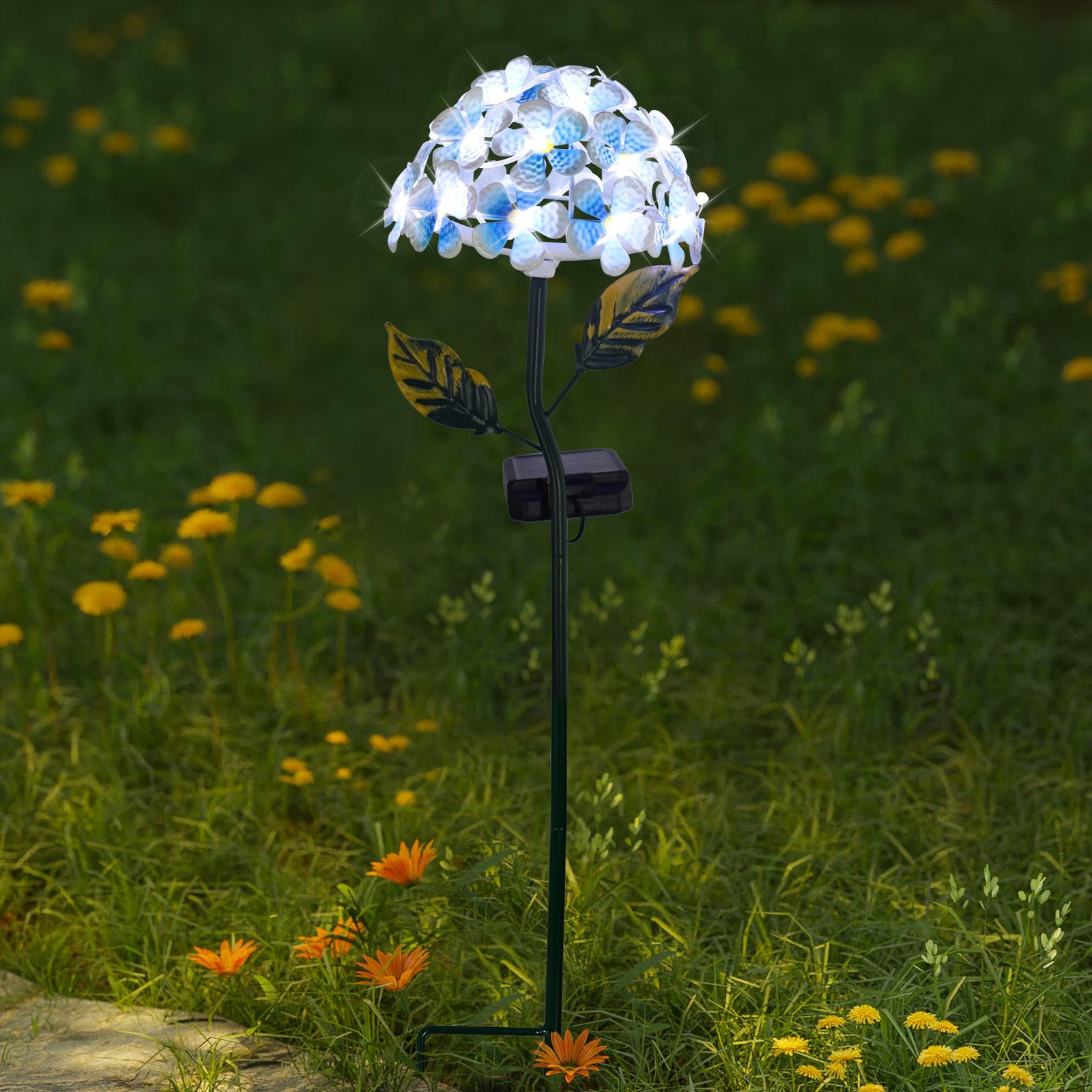 Solar Hydrangea w/26 LED Lights, Metal Ground Stake, 3 Colors, Outdoor Flower…