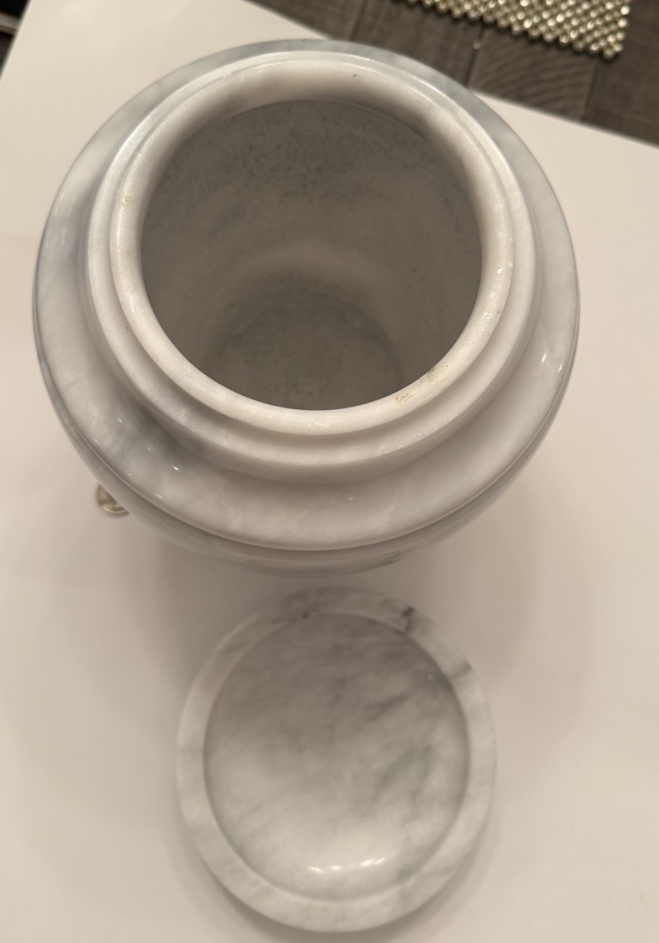 White Imperial Marble Urn With Lid Handcrafted Single Block Gray Streaks Heavy!