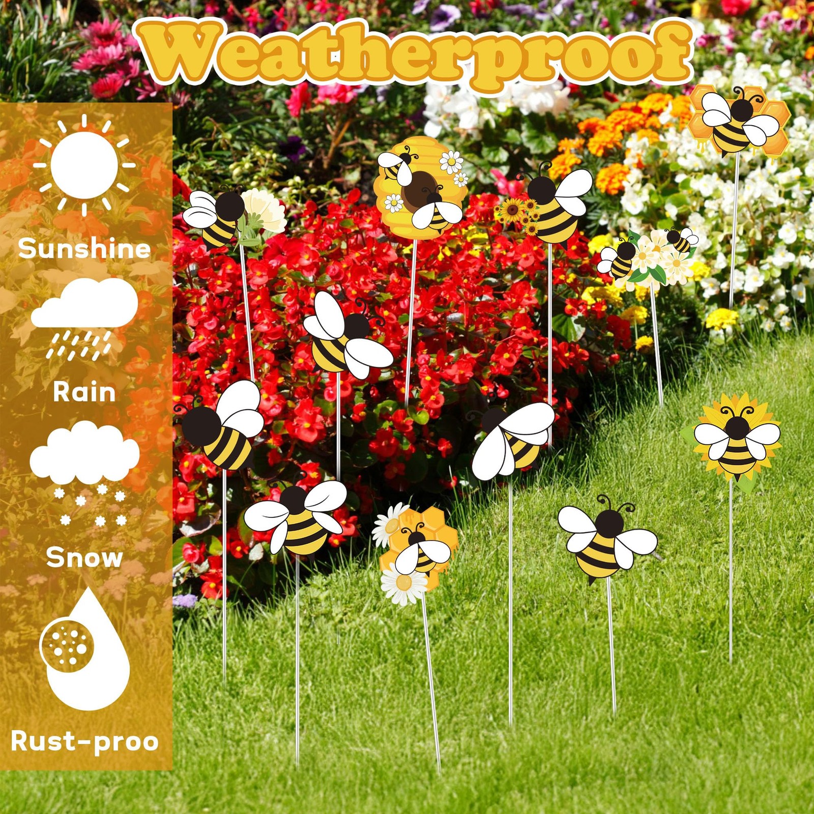 Bee Garden Stake Decor – 12 Pcs Yellow Working Bee Art Stick Floral Picks