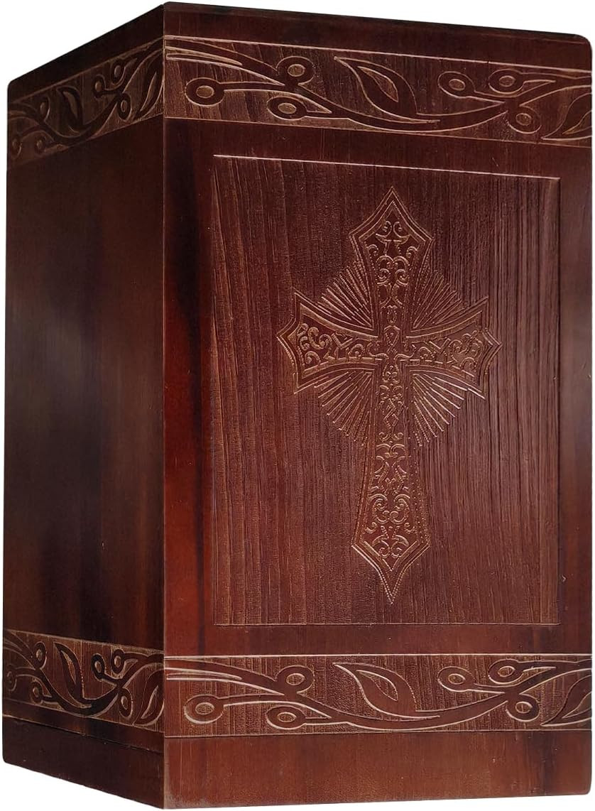 Wooden Cremation Urn for Human Ashes,Wooden Carved Cross Cremation Urns,Holds 25