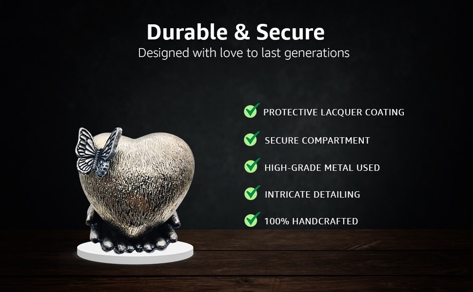 CHROME Cremation Heart Urn with Butterfly for Ashes with Hand Shape Stand