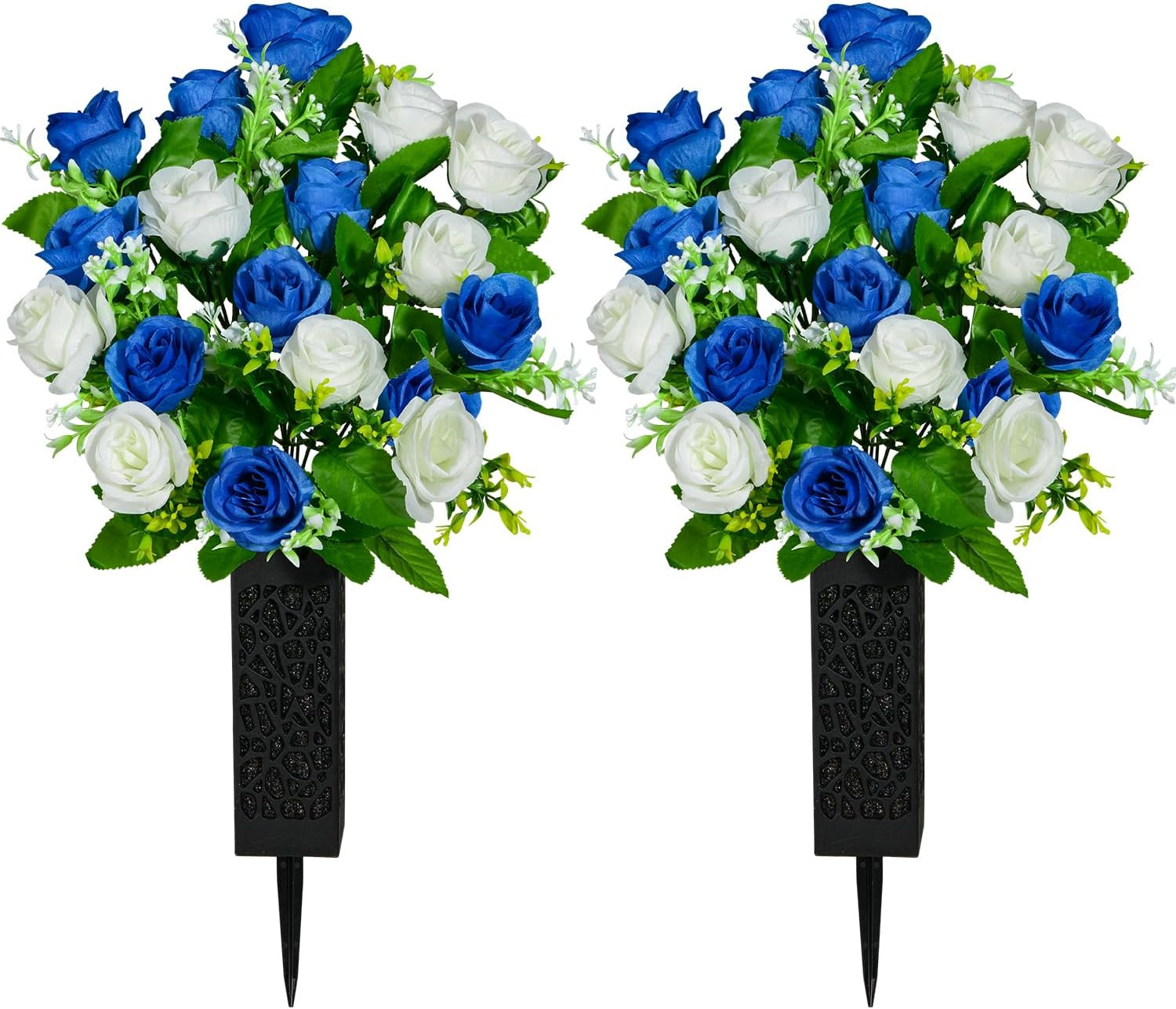 Artificial Cemetery Flowers, Set of 2 Grave Memorial Flowers with Vase, Artifici
